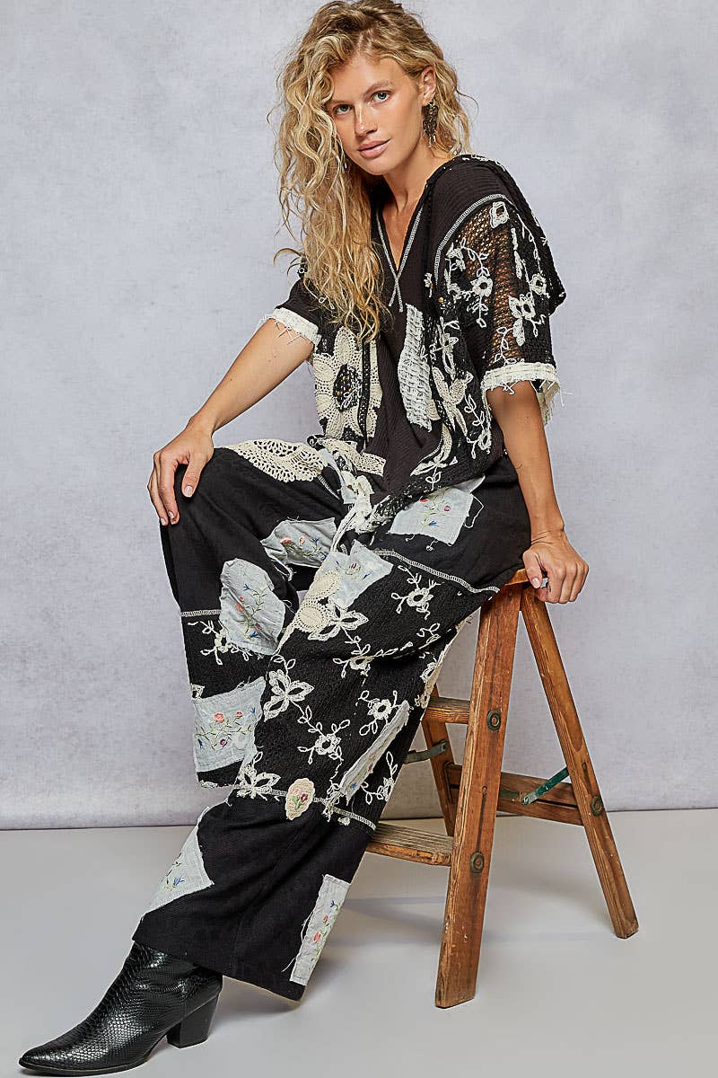 Solid Lace Patch Detail Woven Pants