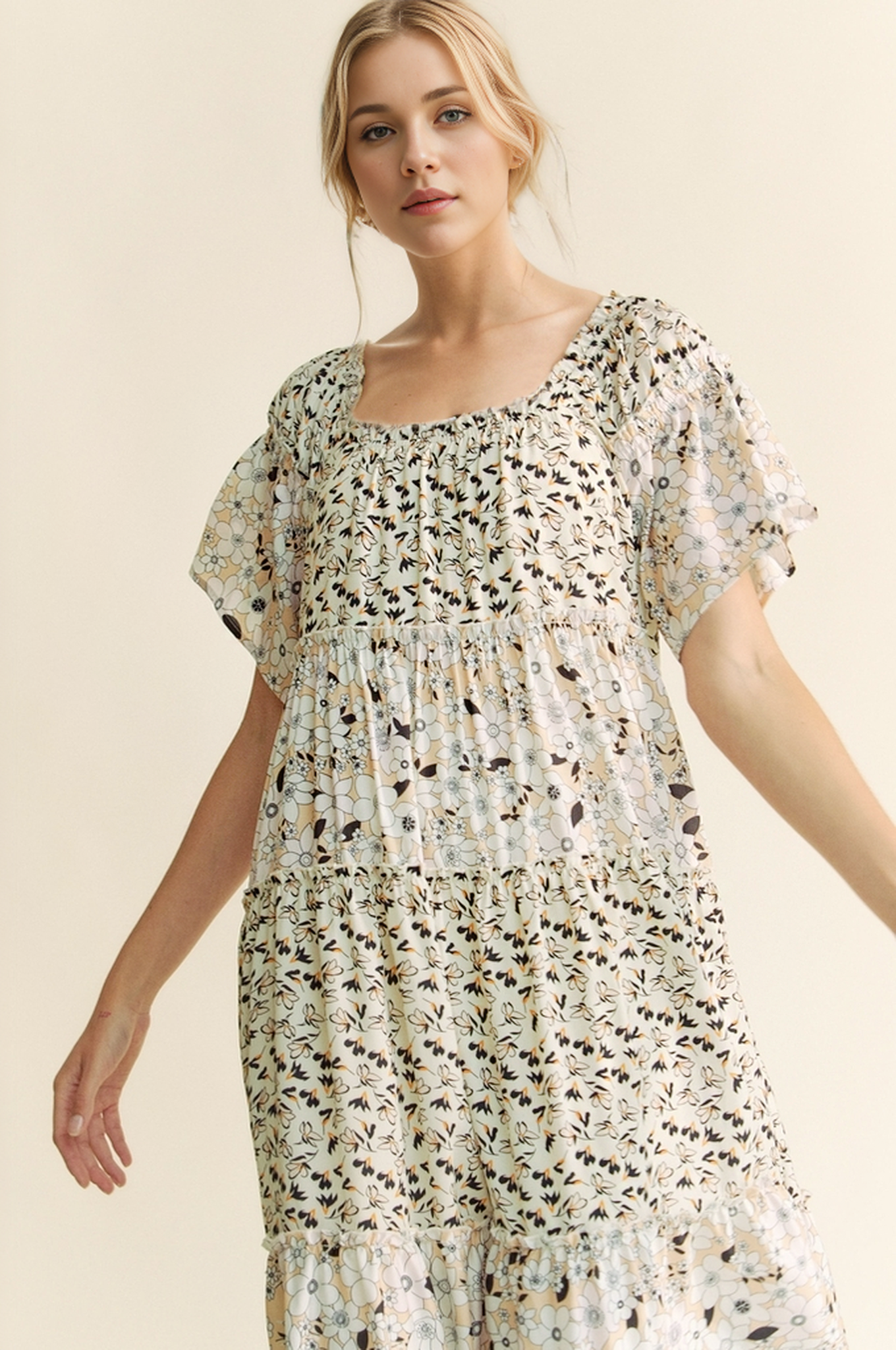DD20523 - FLORAL MIXED RUFFLE DETAIL RUFFLE SLEEVE MIDIDRESS