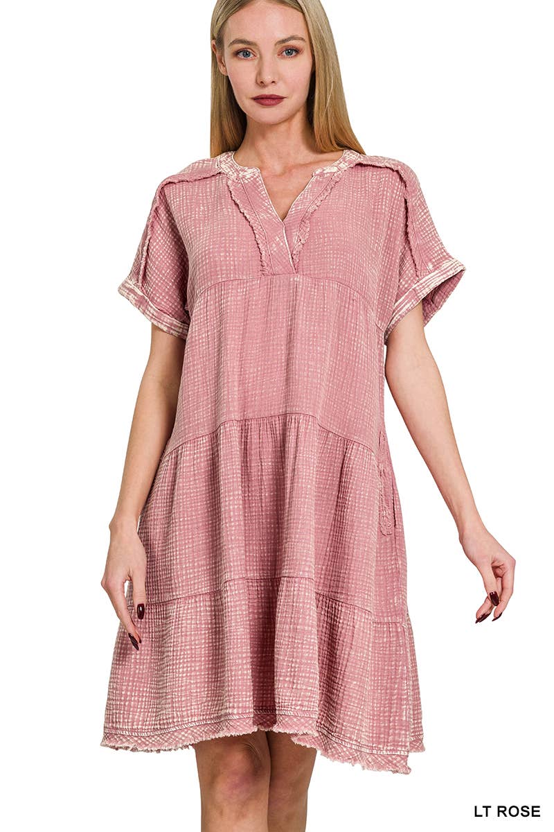 ..1217 Washed Double Gauze Raw Edge V Neck Dress w/ Pockets SI-2745