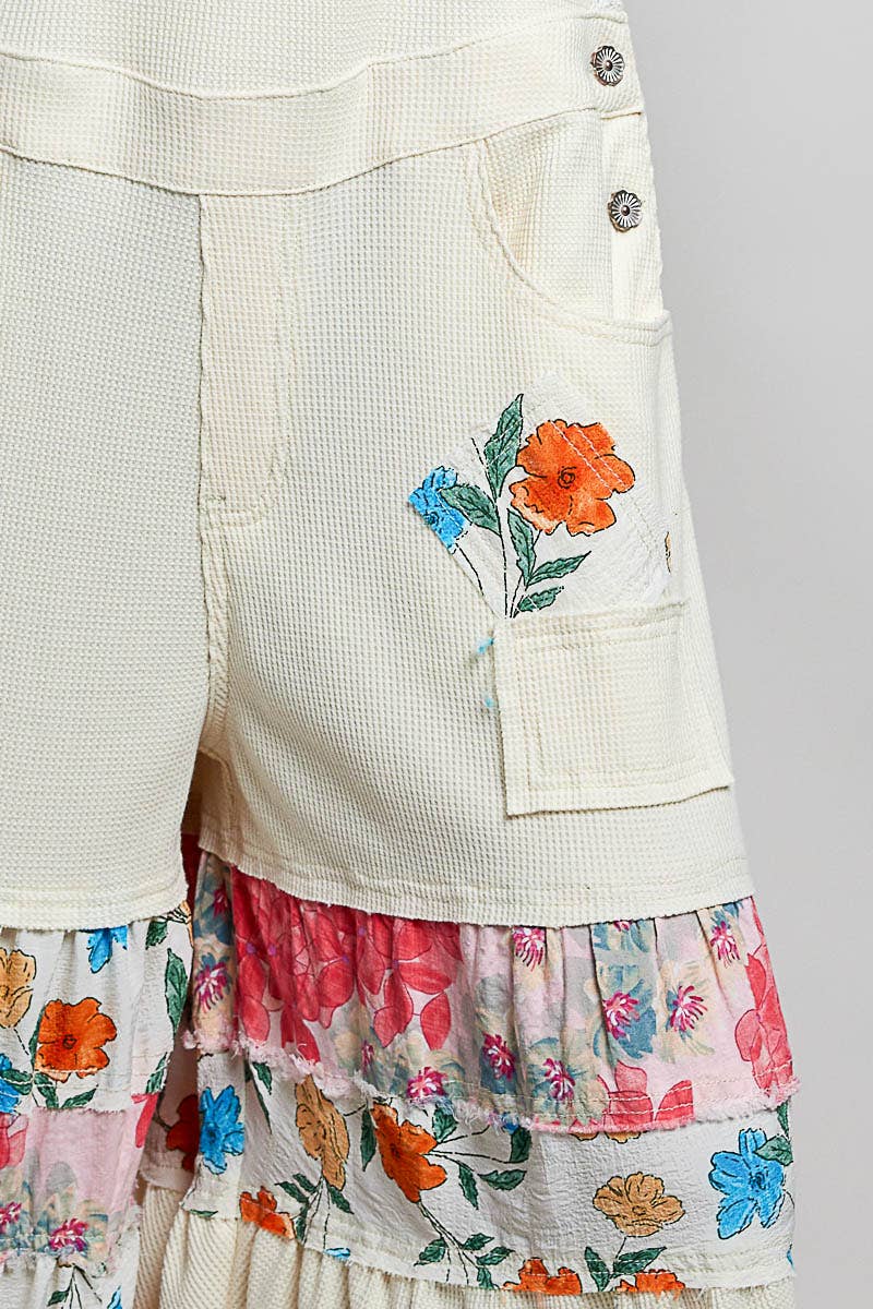 Feminine Mixed Printed Fabric Ruffle Wide Leg Overall