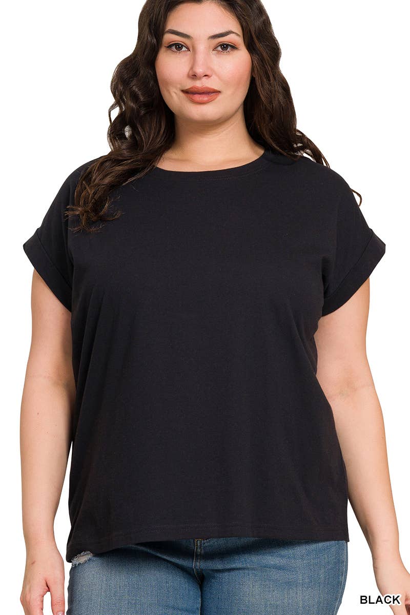 ._ 1016 Plus Round Neck Folded Short Sleeve T Shirt SI-27019