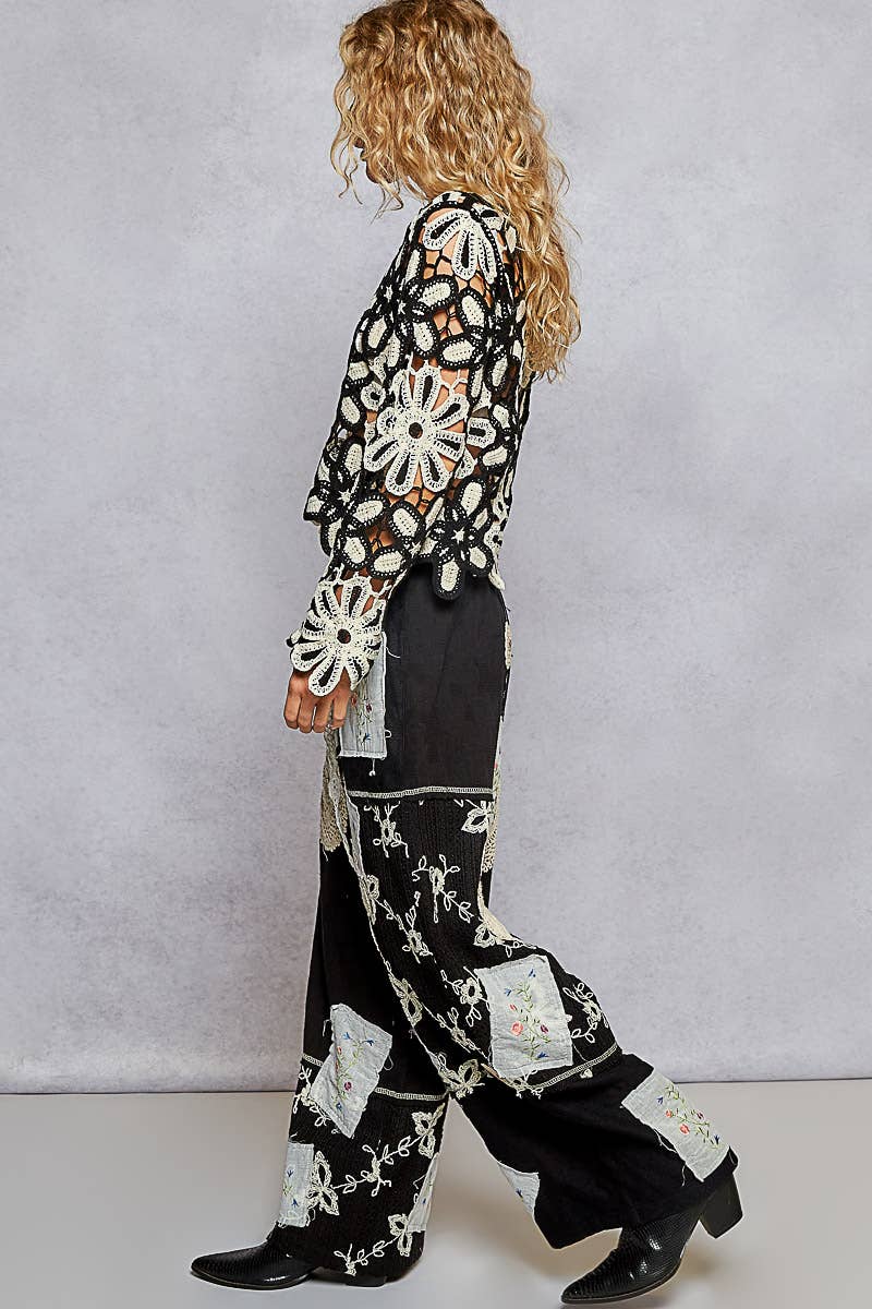 Solid Lace Patch Detail Woven Pants