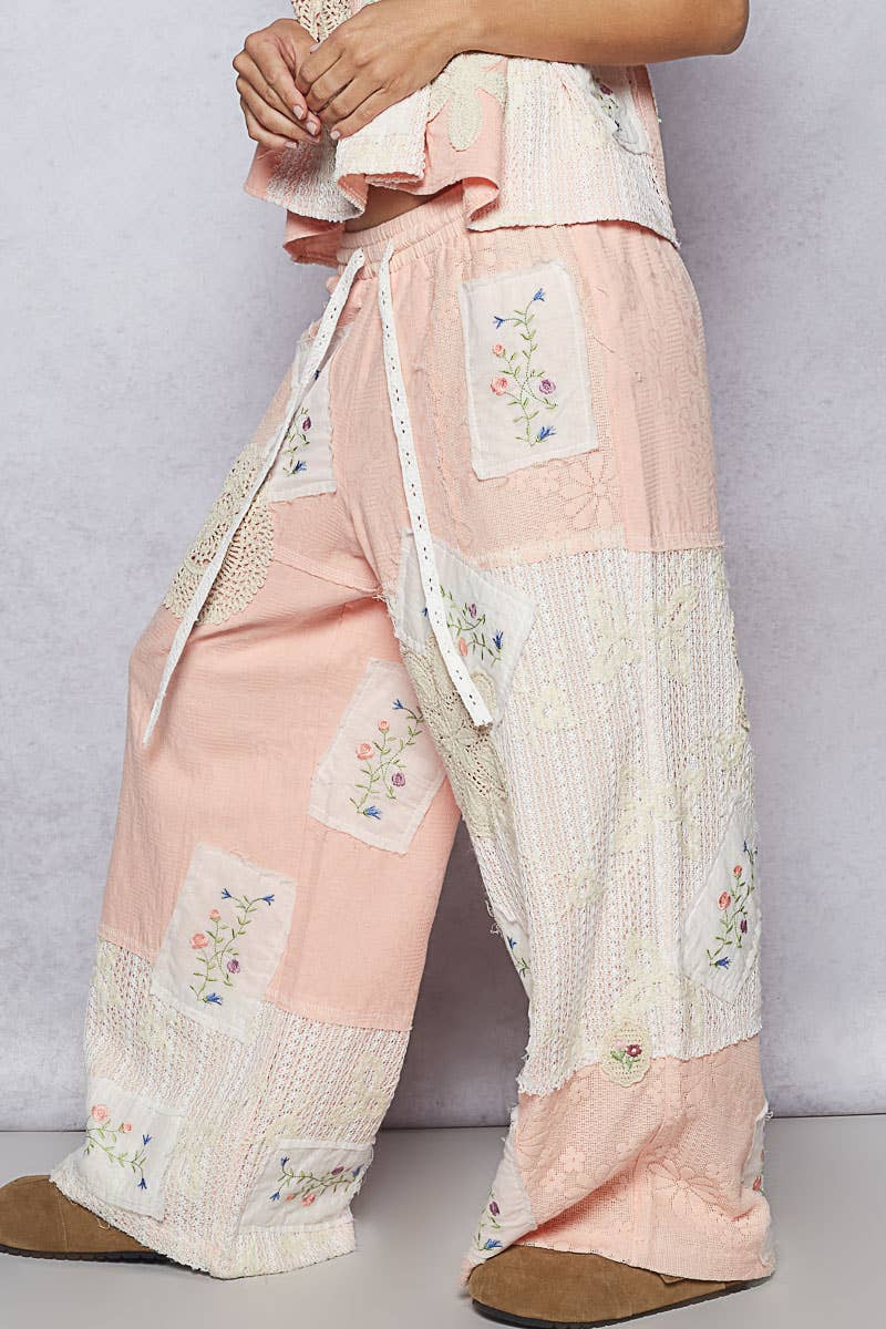 Solid Lace Patch Detail Woven Pants
