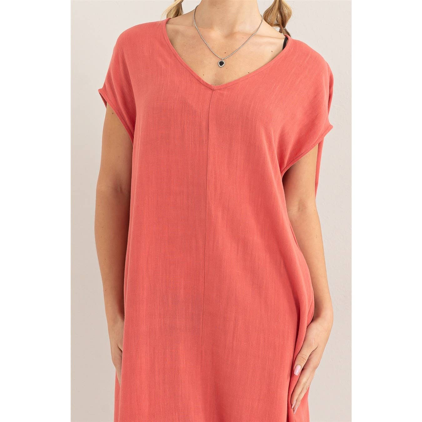 V-Neck Oversized Linen Midi Dress