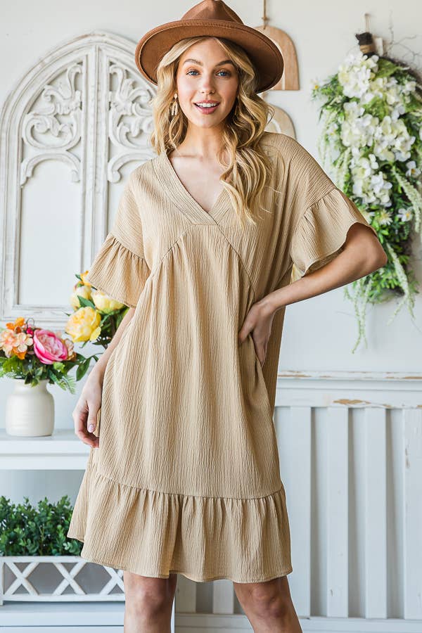 Flowy Crinkle V-Neck Short Sleeve Ruffle Hem Dress D5146