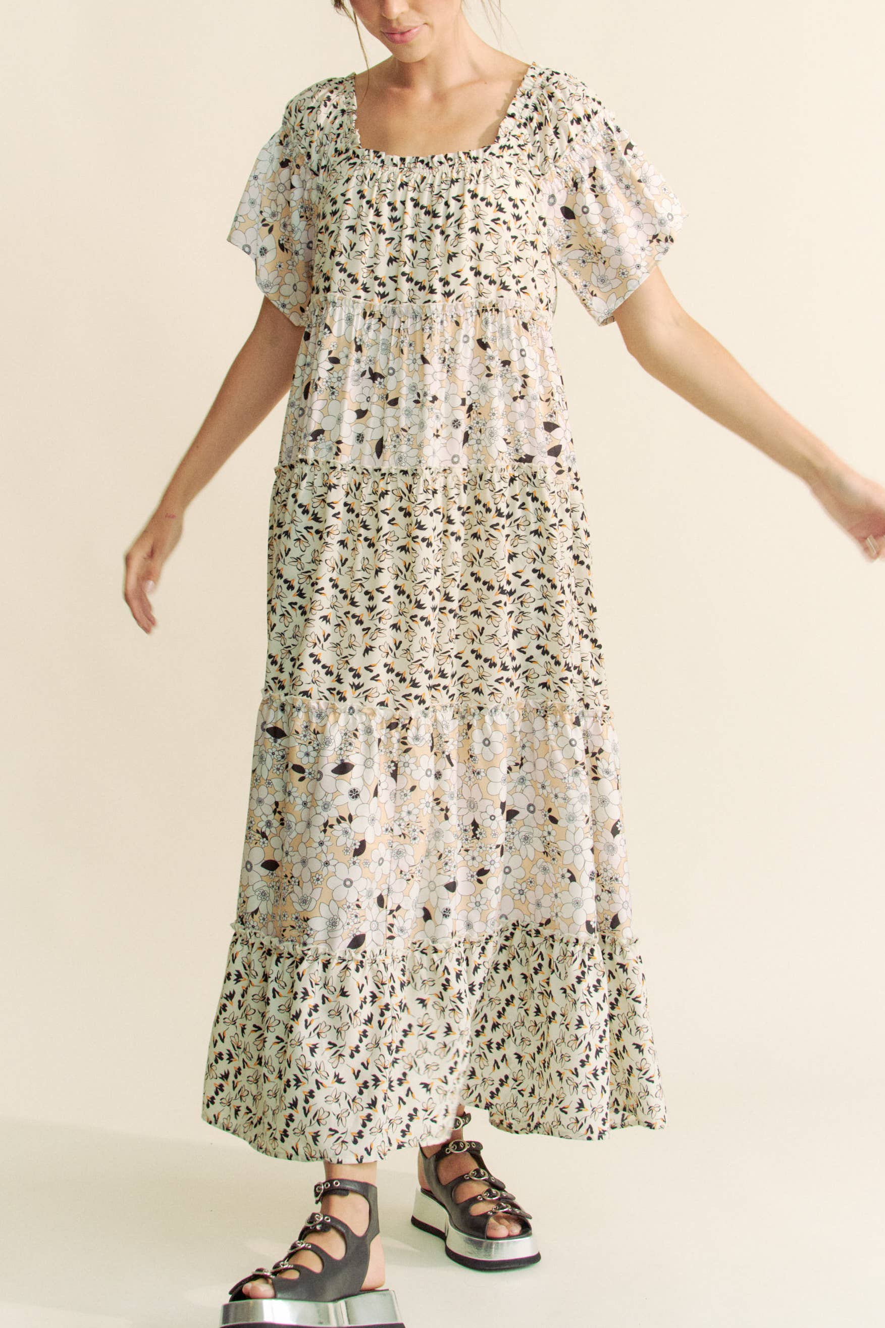 DD20523 - FLORAL MIXED RUFFLE DETAIL RUFFLE SLEEVE MIDIDRESS