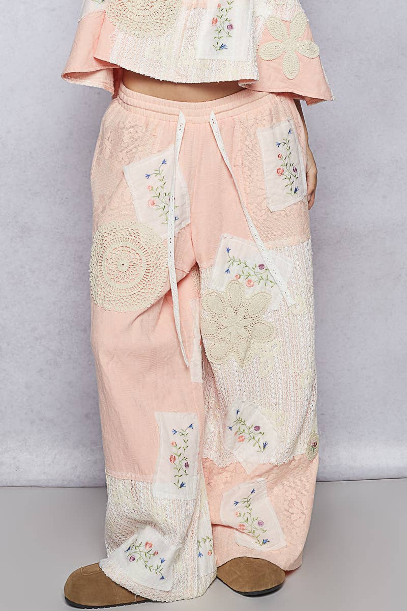 Solid Lace Patch Detail Woven Pants