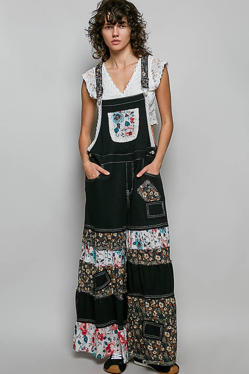 Feminine Mixed Printed Fabric Ruffle Wide Leg Overall