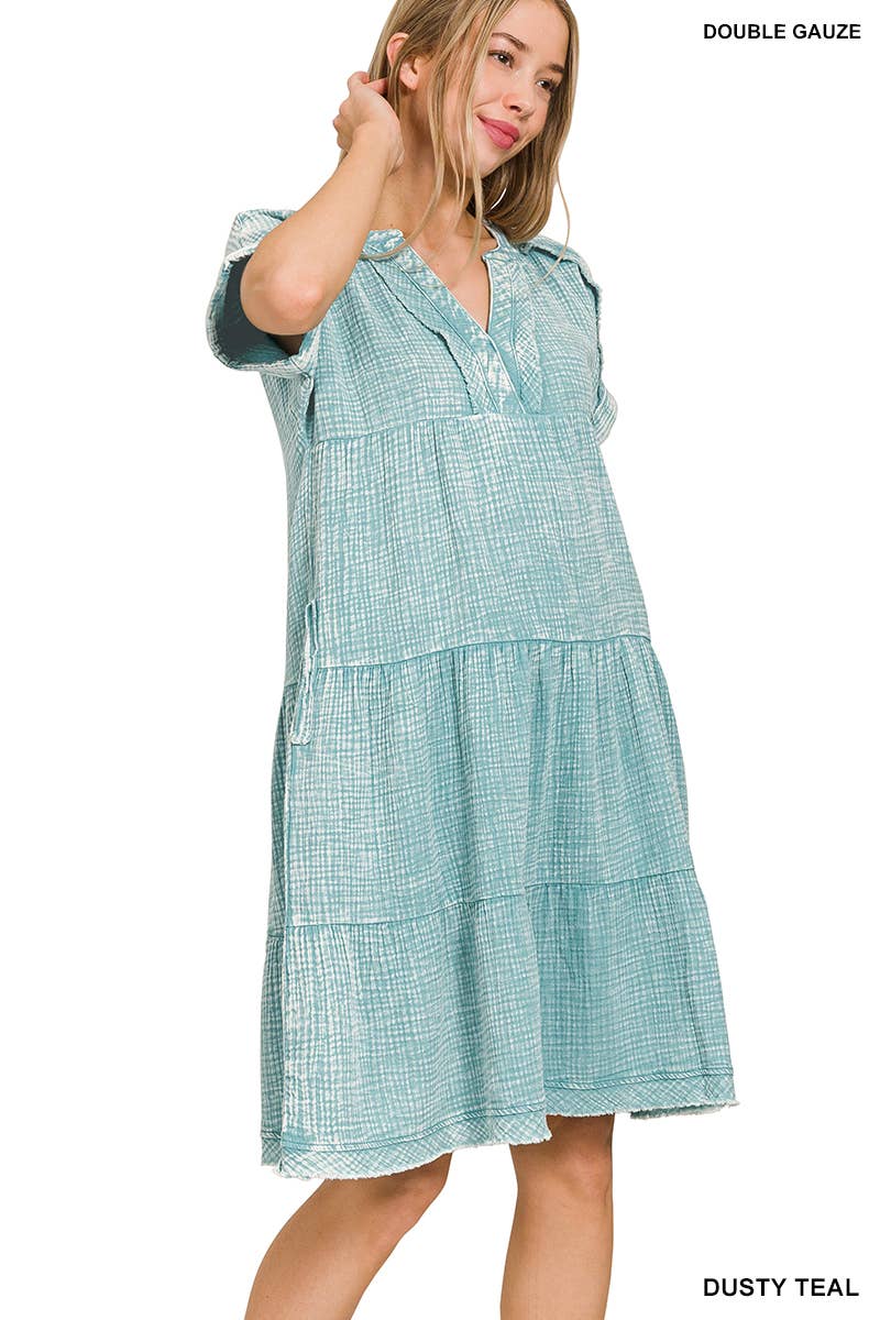 `.Washed Double Gauze Raw Edge Dress w/ Pockets