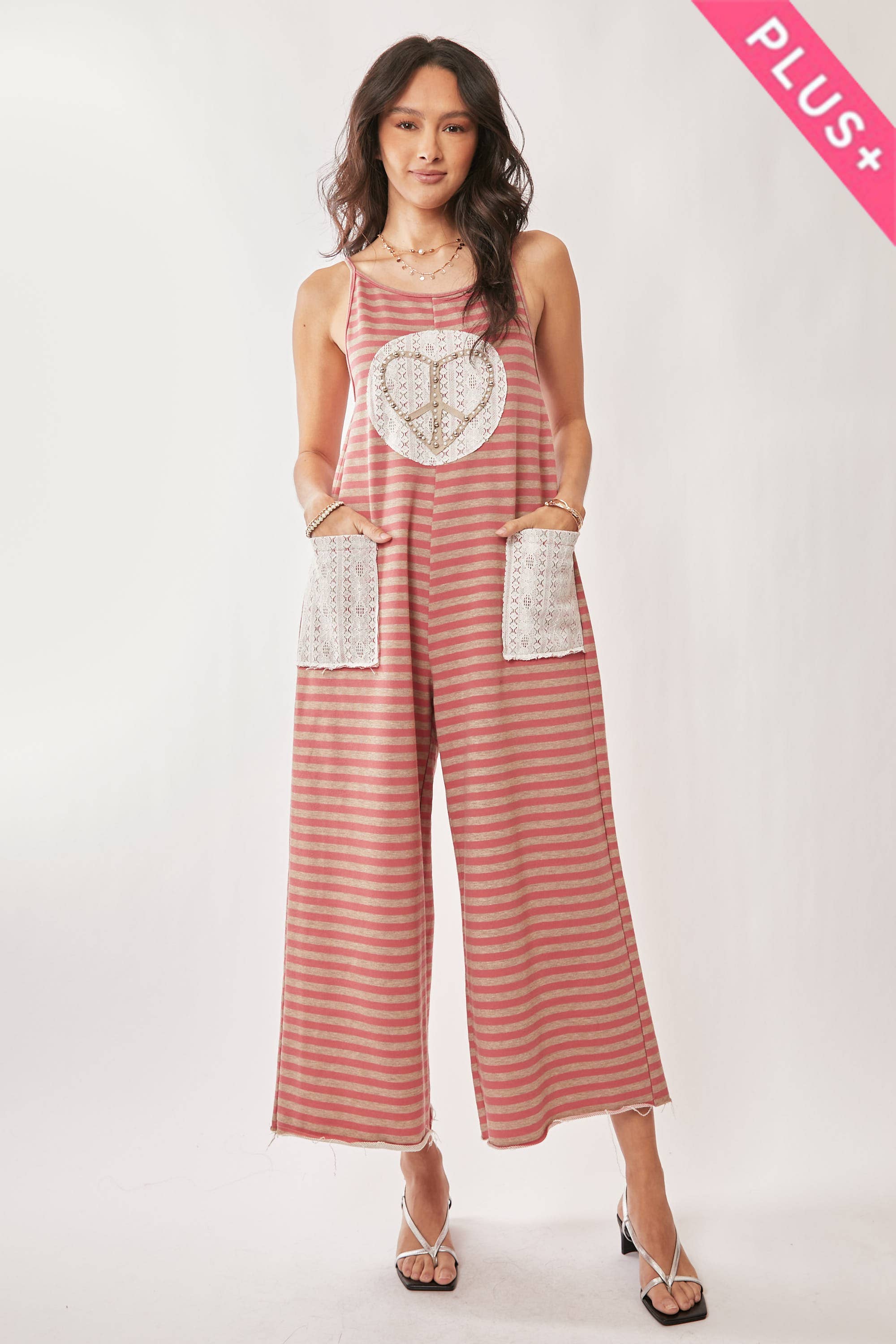 PLUS STRIPED FRENCH TERRY HEART JUMPSUIT