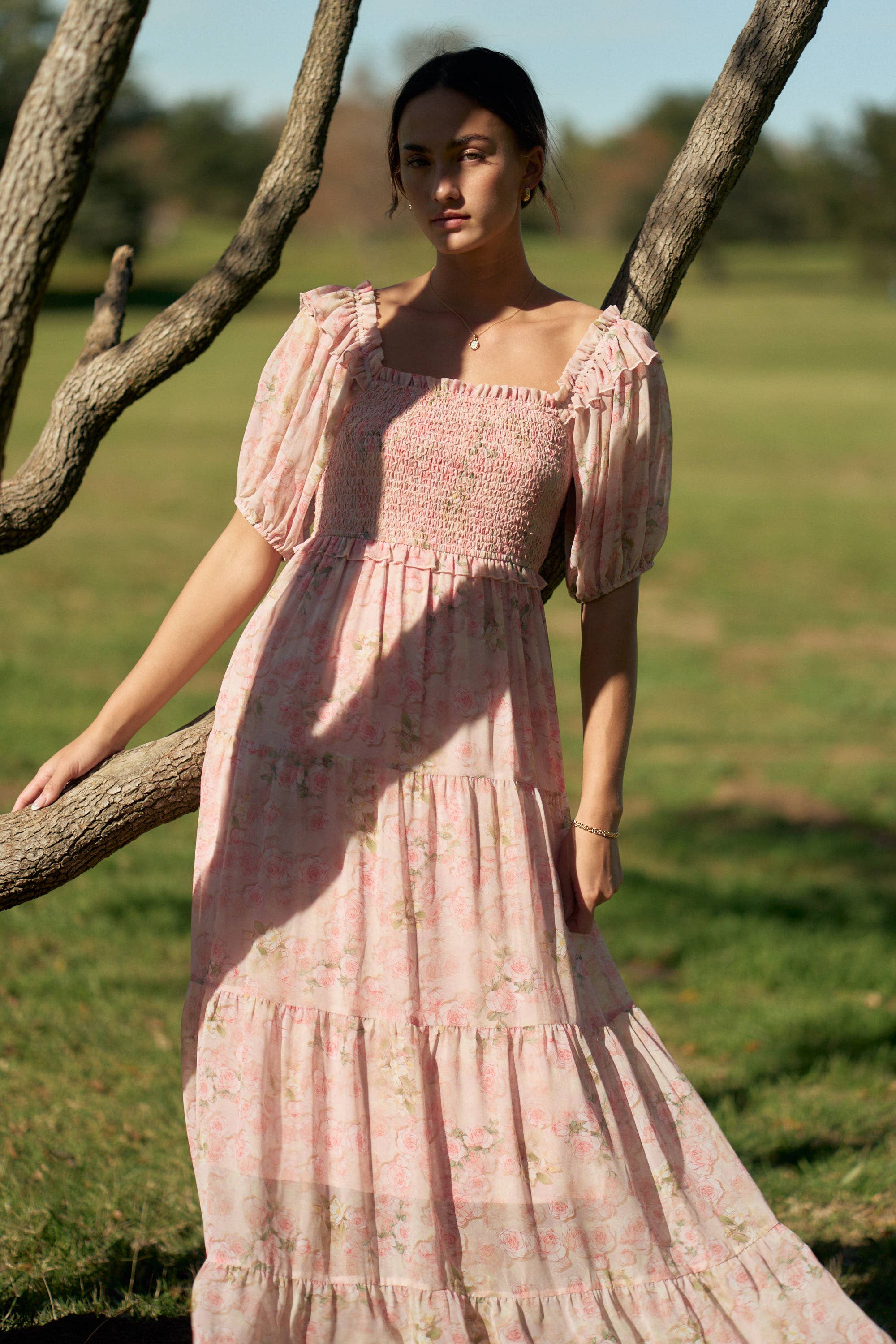 SMOCKED SQUARE NECK TIERED FLORAL MAXI DRESS
