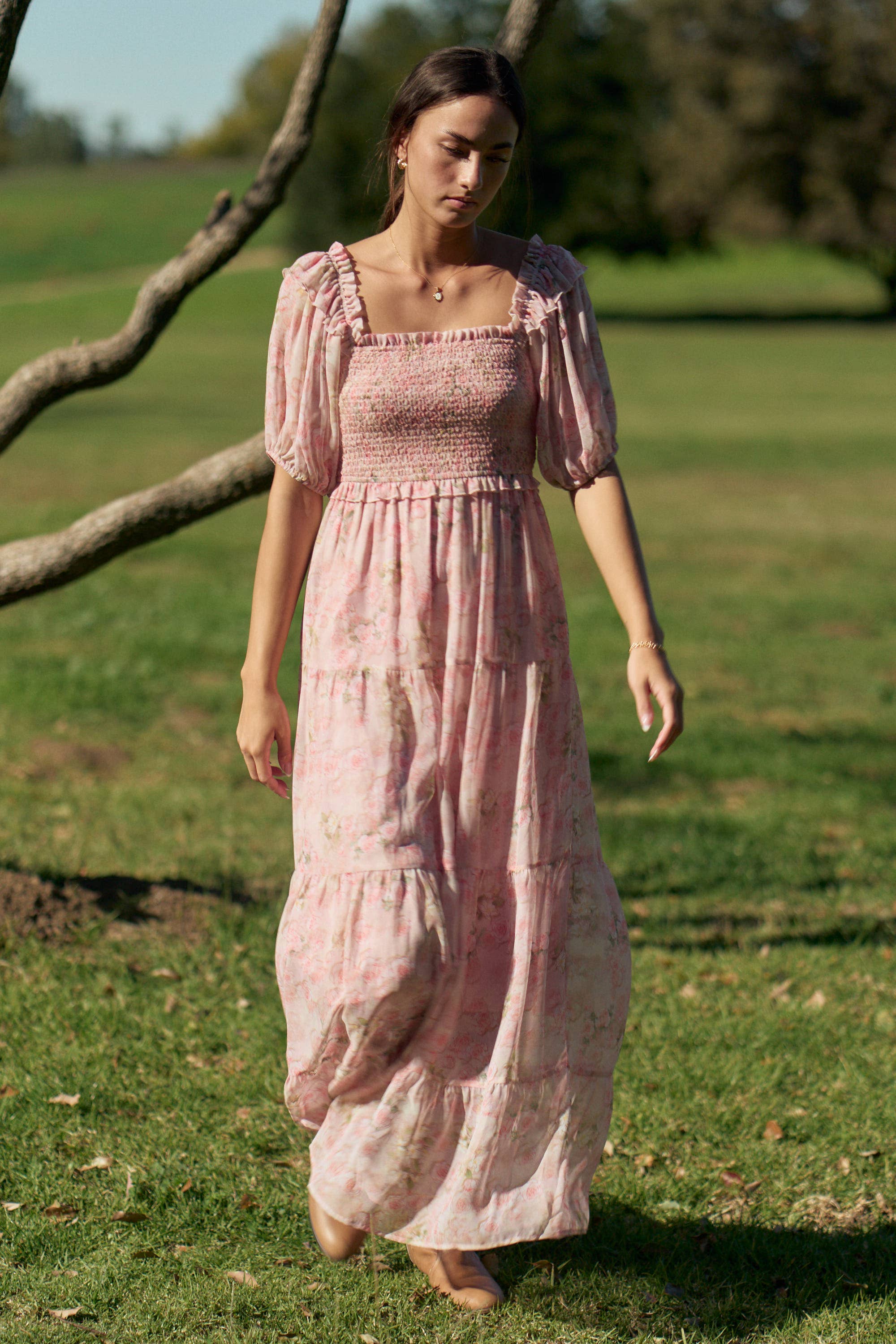 SMOCKED SQUARE NECK TIERED FLORAL MAXI DRESS
