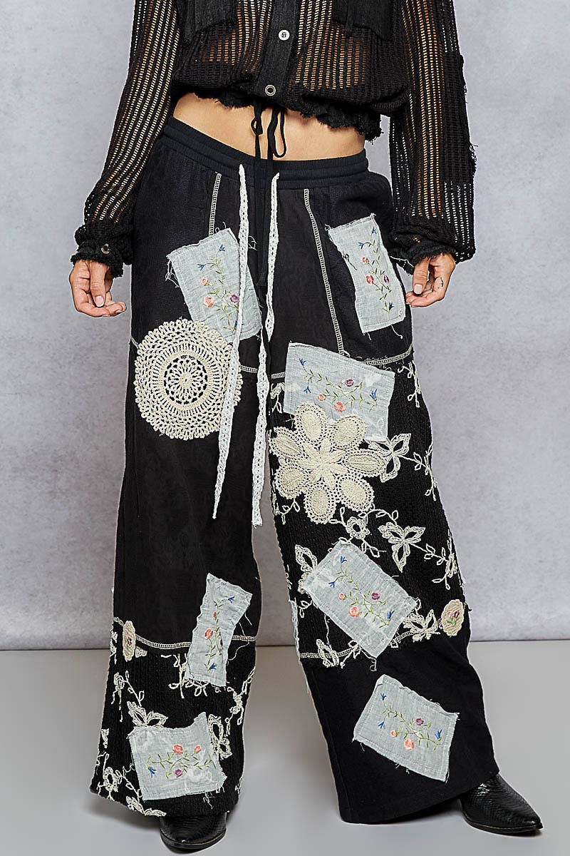 Solid Lace Patch Detail Woven Pants