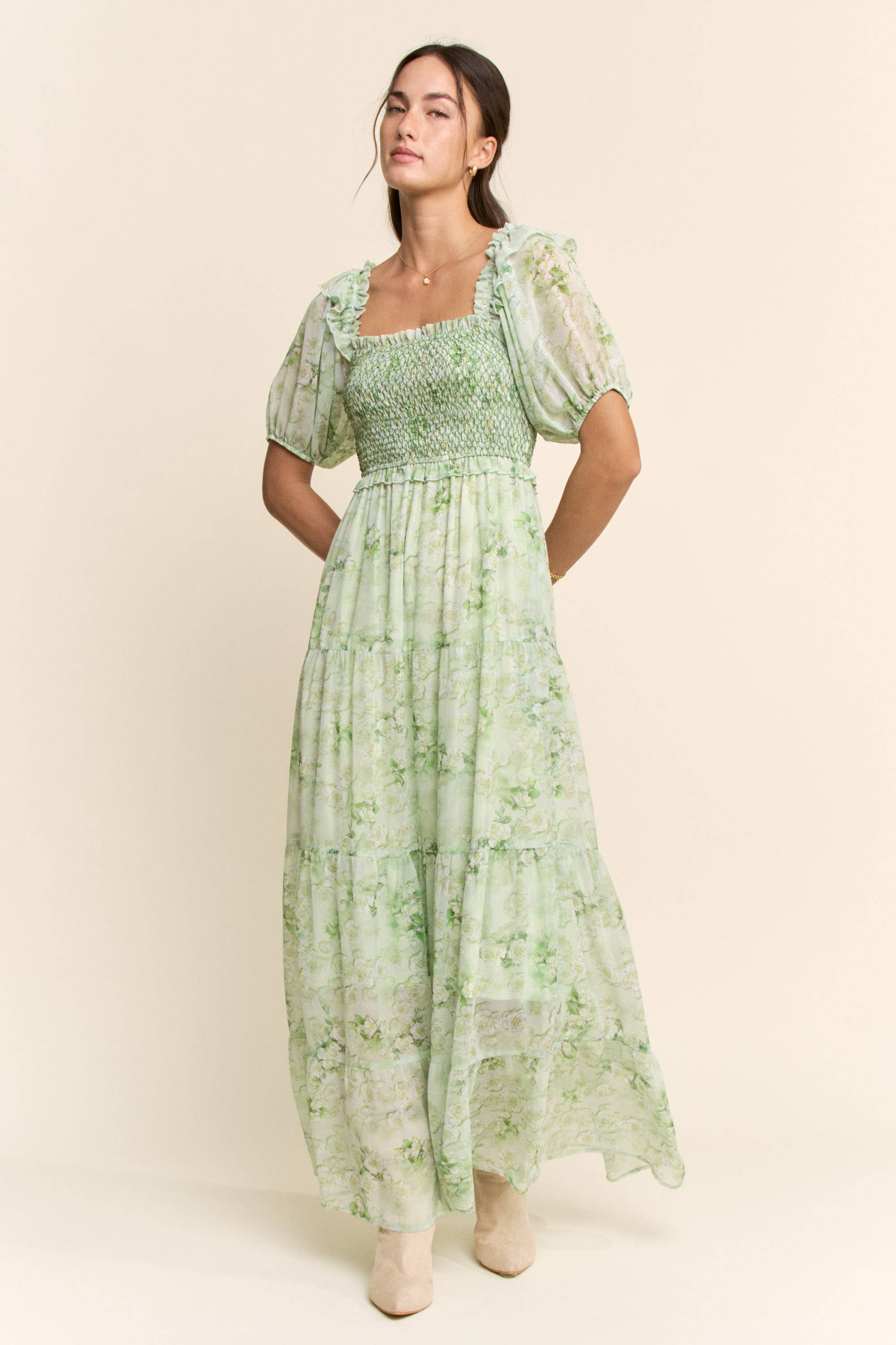 SMOCKED SQUARE NECK TIERED FLORAL MAXI DRESS