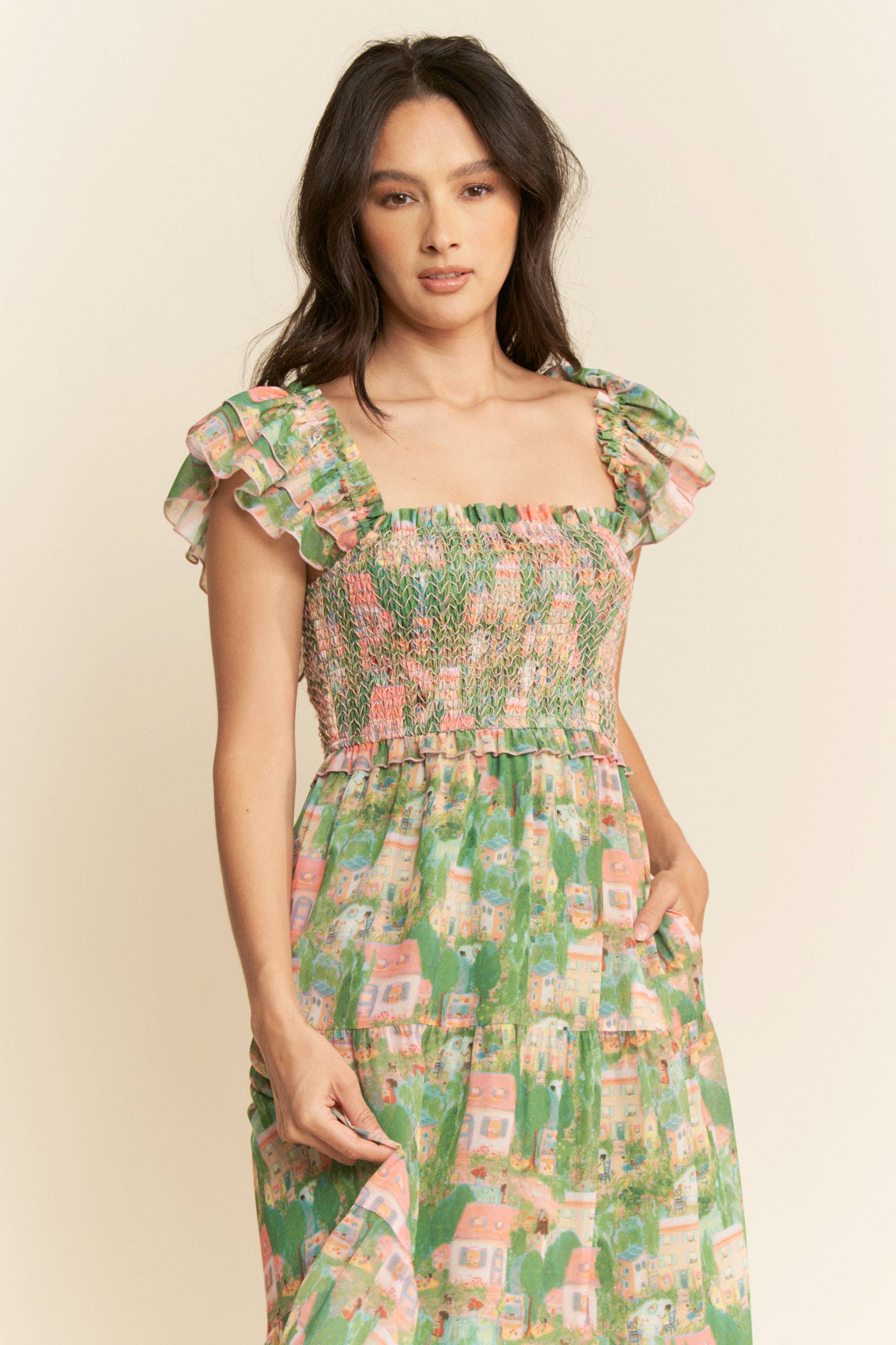 VILLAGE SMOCKING BODICE RUFFLE SLEEVE MAXI DRESS