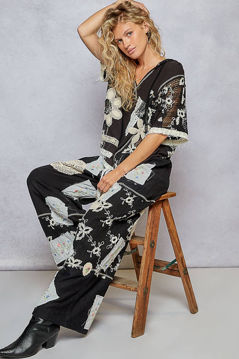 Solid Lace Patch Detail Woven Pants