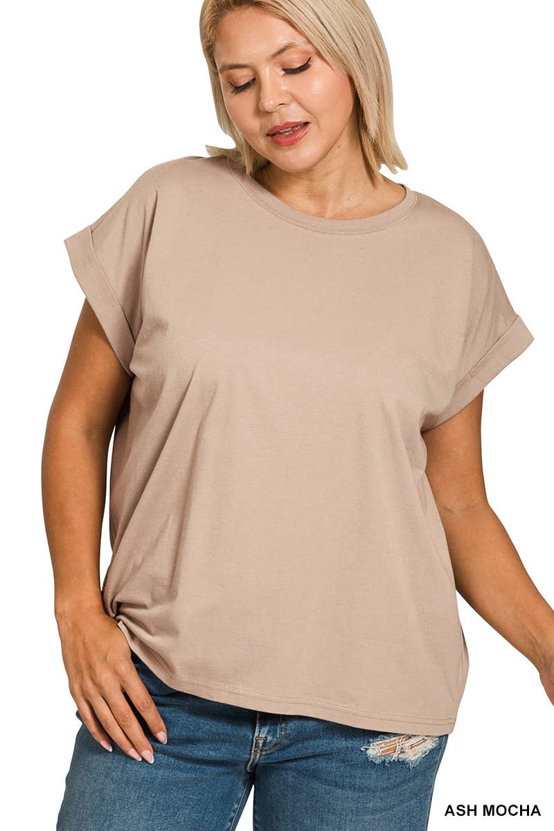 ._ 1016 Plus Round Neck Folded Short Sleeve T Shirt SI-27019