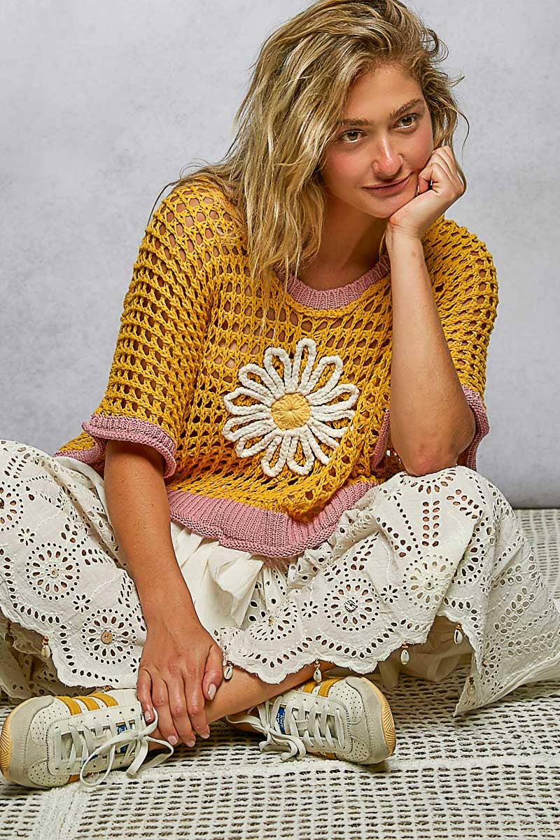 Round Neck Sleeveless Floral Thin Sweater Top