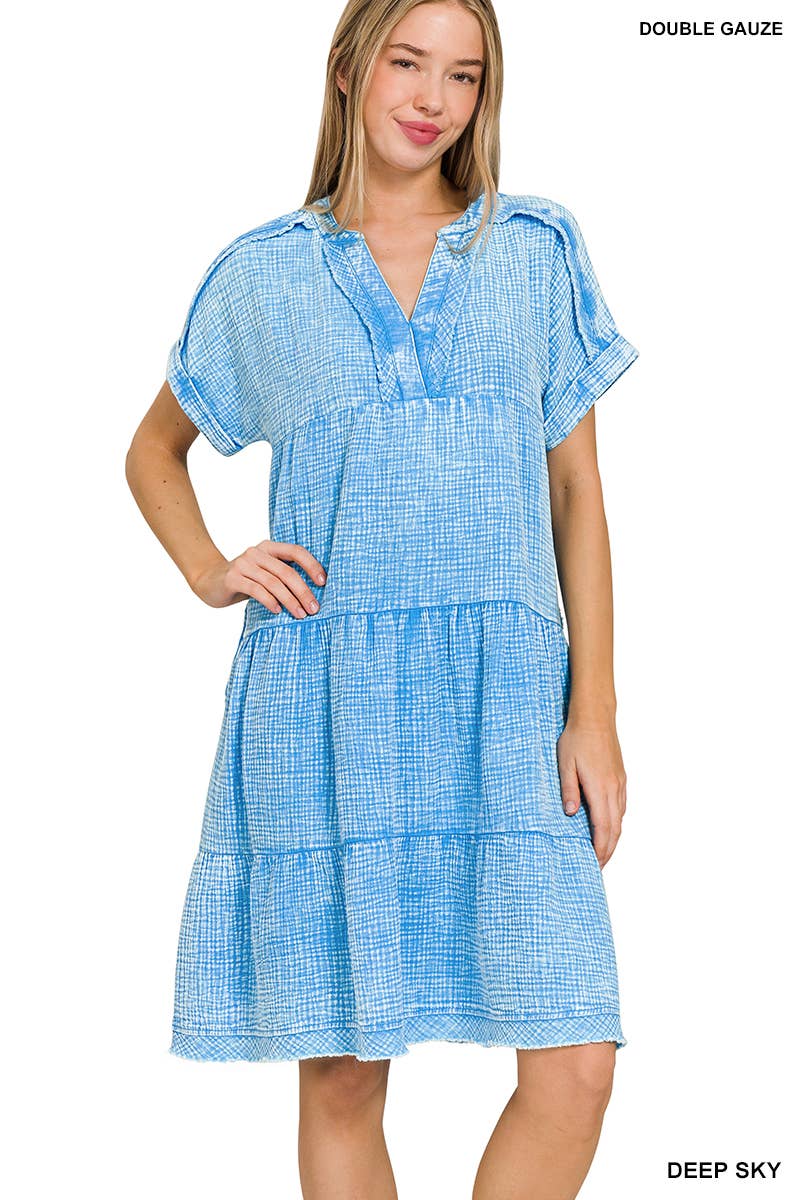 `.Washed Double Gauze Raw Edge Dress w/ Pockets