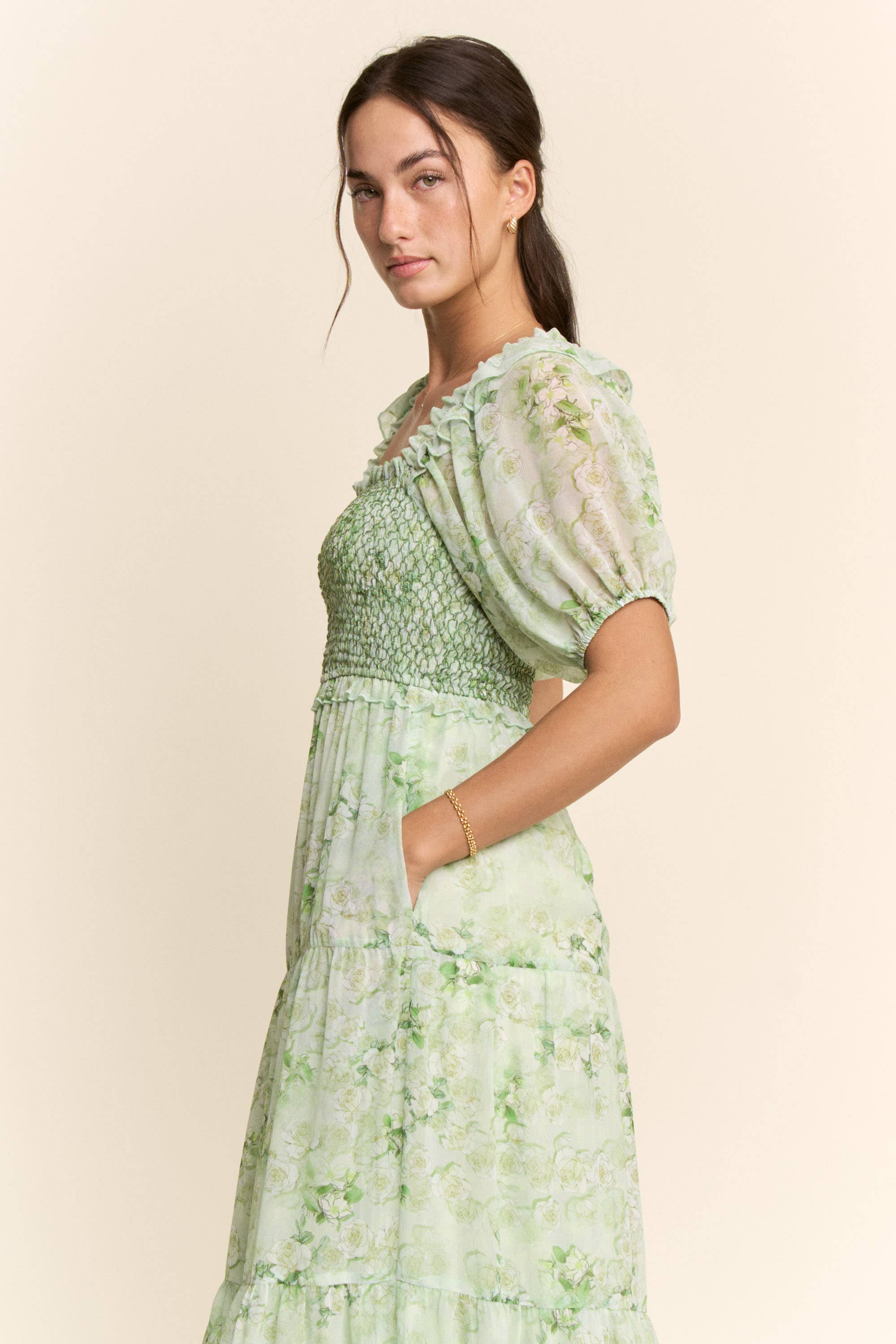 SMOCKED SQUARE NECK TIERED FLORAL MAXI DRESS