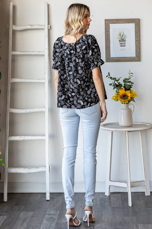 Floral Off Shoulder Puff Ruffle Sleeve Blouse T5895