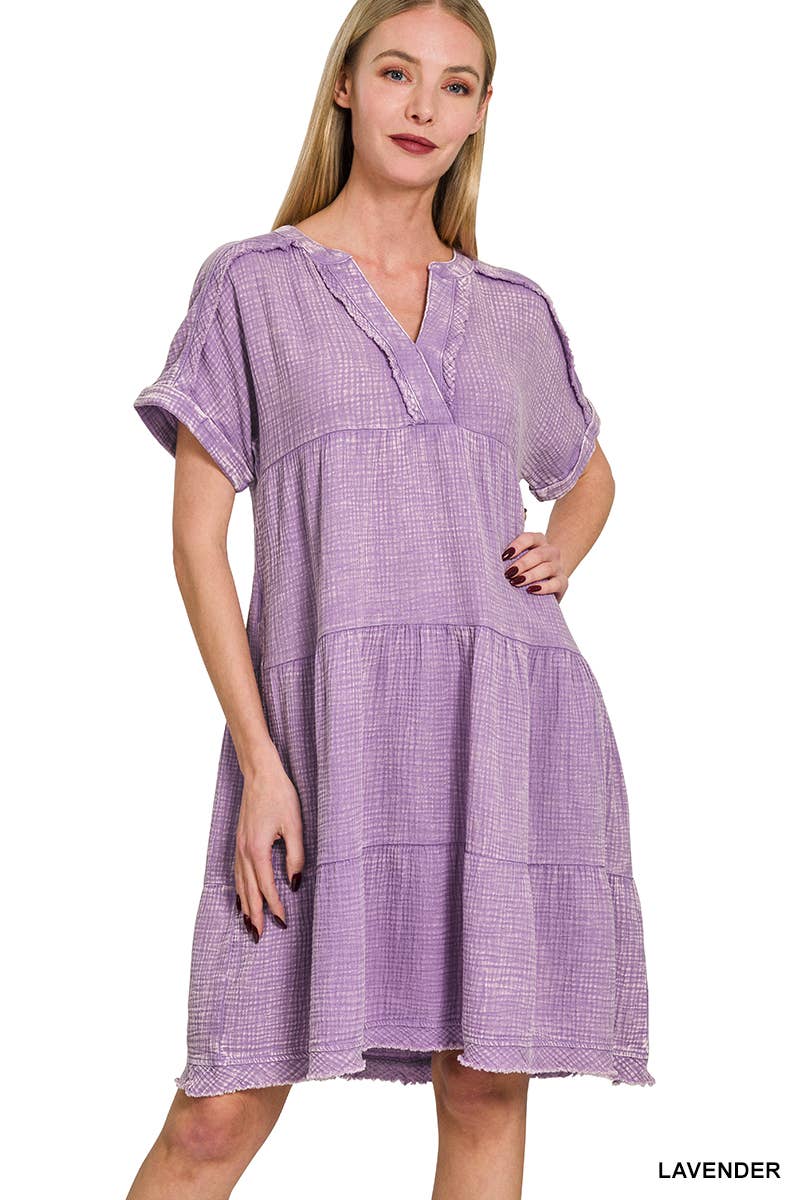`.Washed Double Gauze Raw Edge Dress w/ Pockets