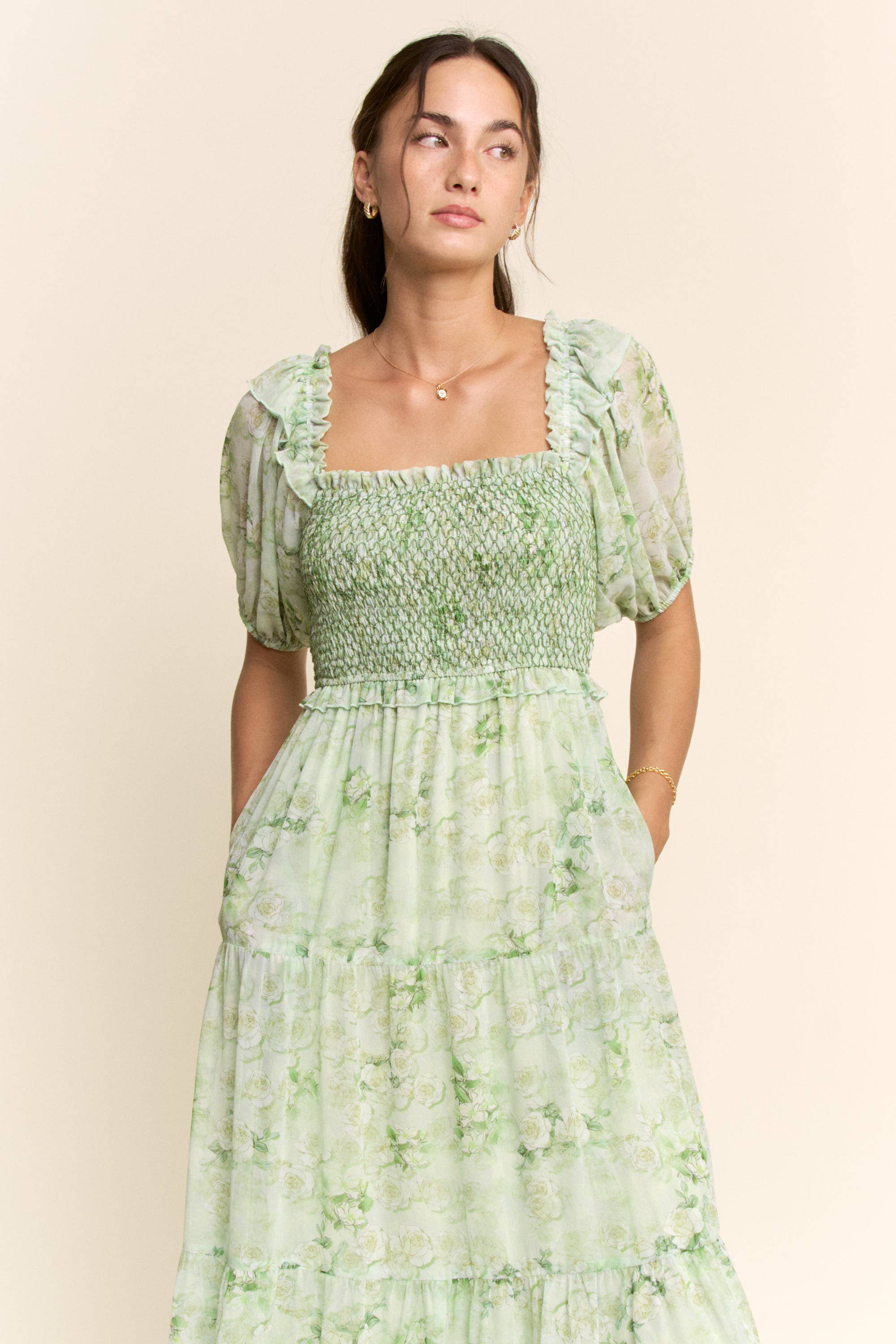 SMOCKED SQUARE NECK TIERED FLORAL MAXI DRESS