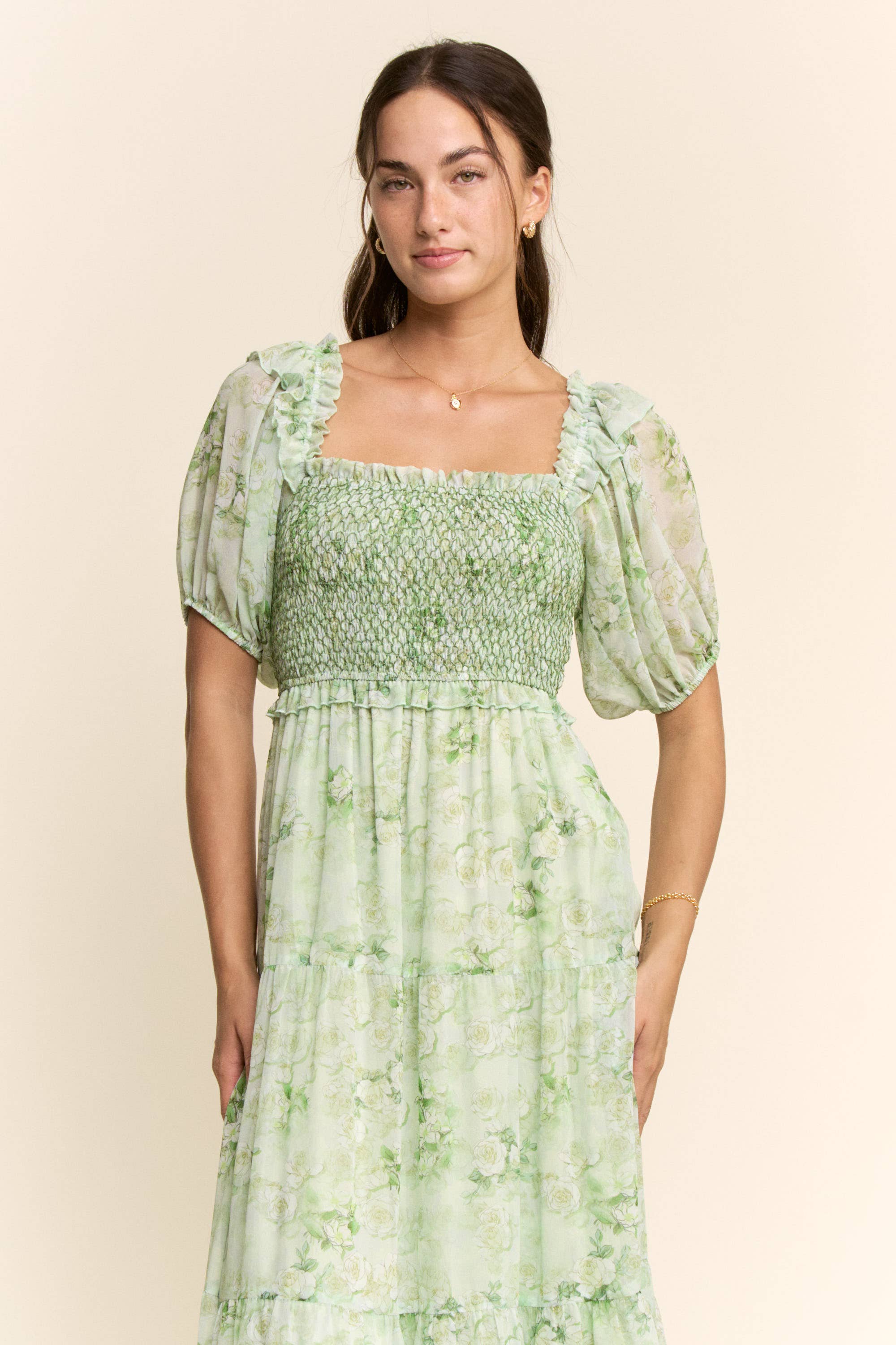SMOCKED SQUARE NECK TIERED FLORAL MAXI DRESS