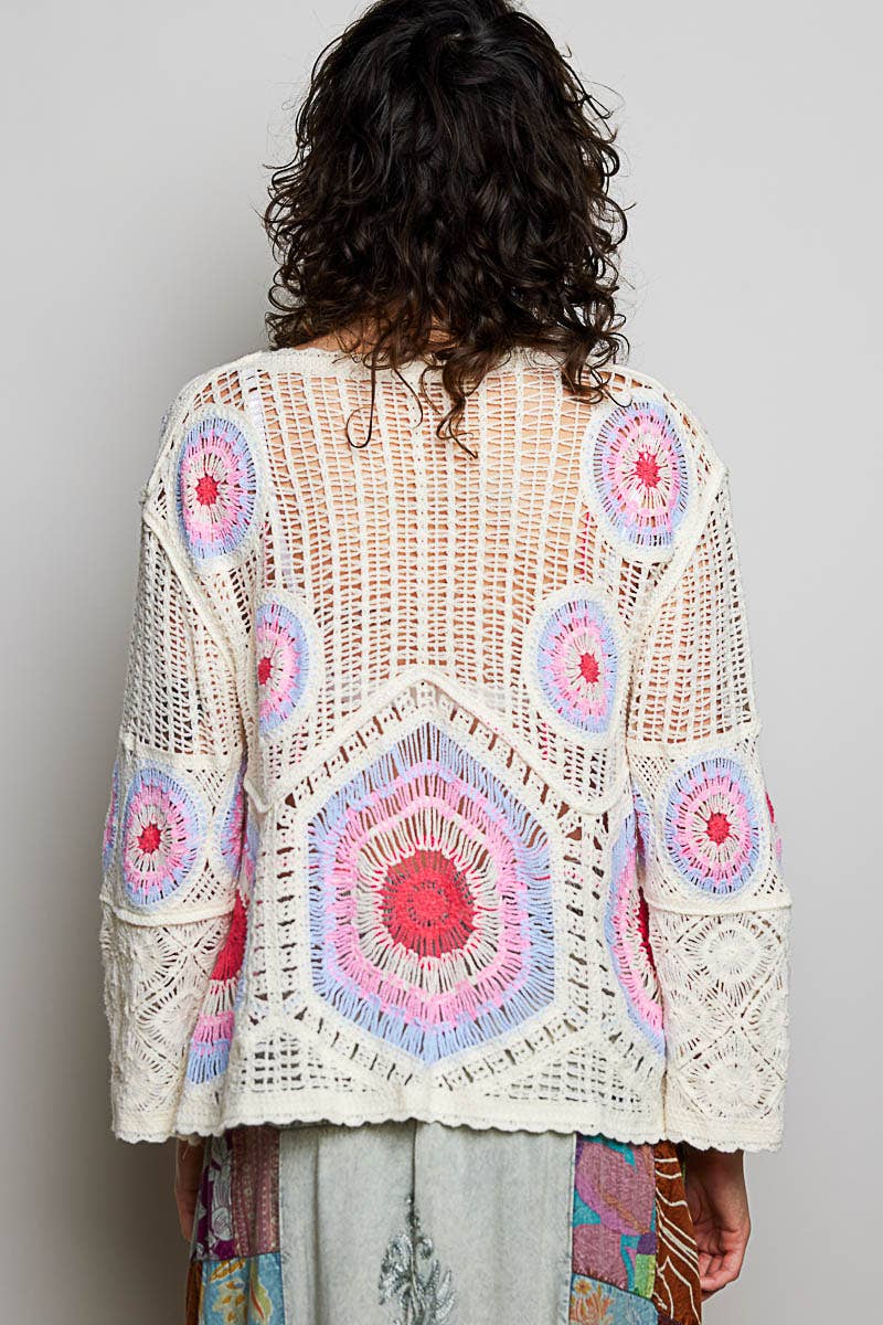 V-Neck Granny Circle Motif Scalloped Edge Crochet Top