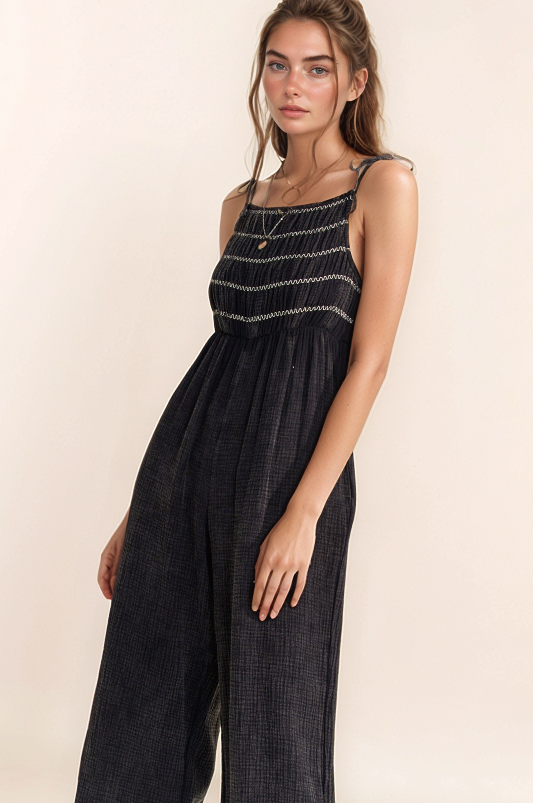 GARMENT WASHED MULTI SMOCKED TIE STRAPS JUMPSUIT