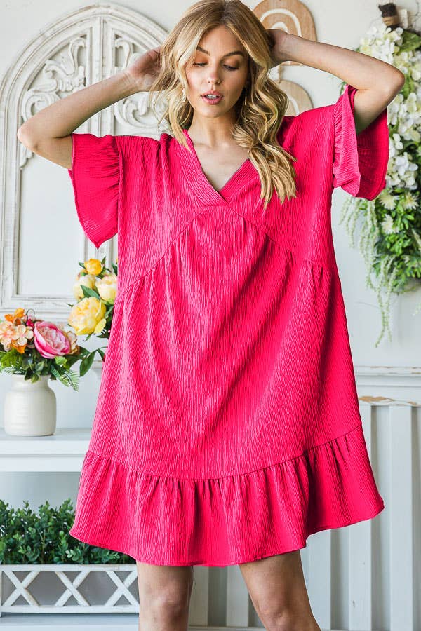 Flowy Crinkle V-Neck Short Sleeve Ruffle Hem Dress D5146