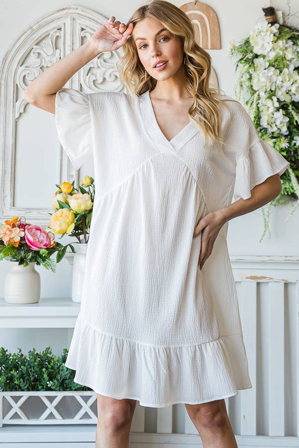 Flowy Crinkle V-Neck Short Sleeve Ruffle Hem Dress D5146