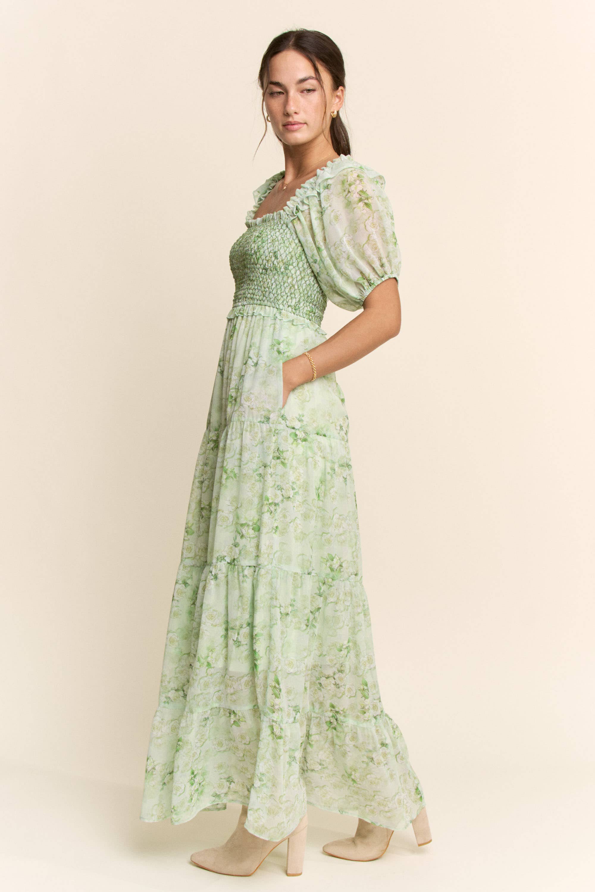 SMOCKED SQUARE NECK TIERED FLORAL MAXI DRESS