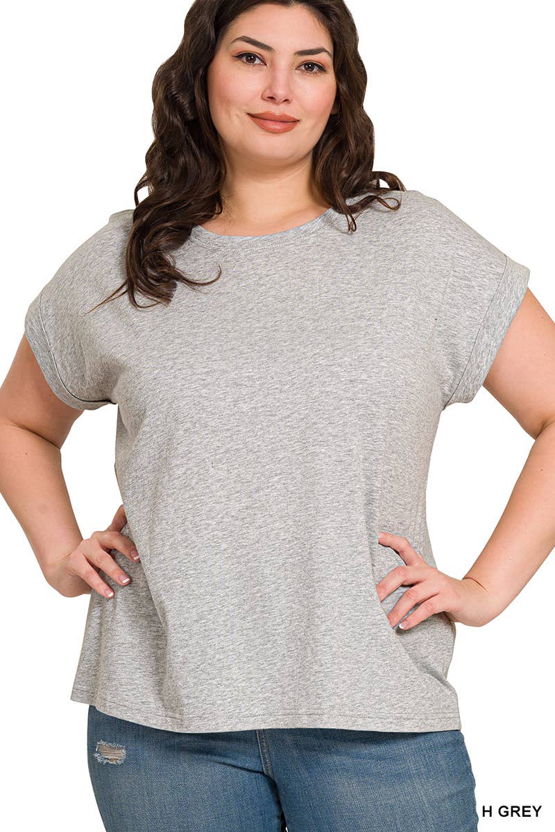 ._ 1016 Plus Round Neck Folded Short Sleeve T Shirt SI-27019