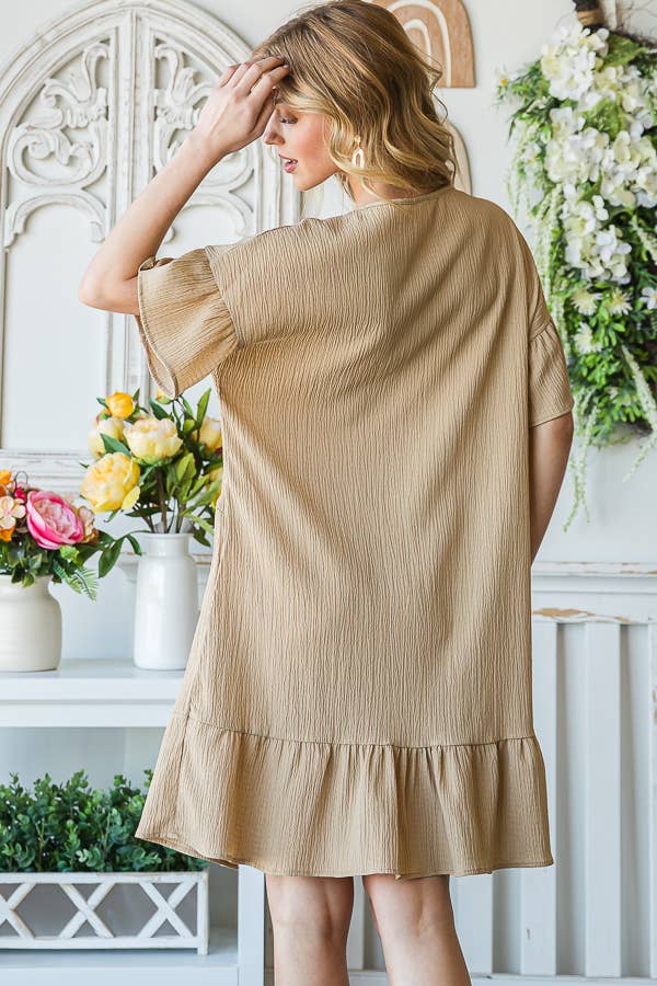 Flowy Crinkle V-Neck Short Sleeve Ruffle Hem Dress D5146