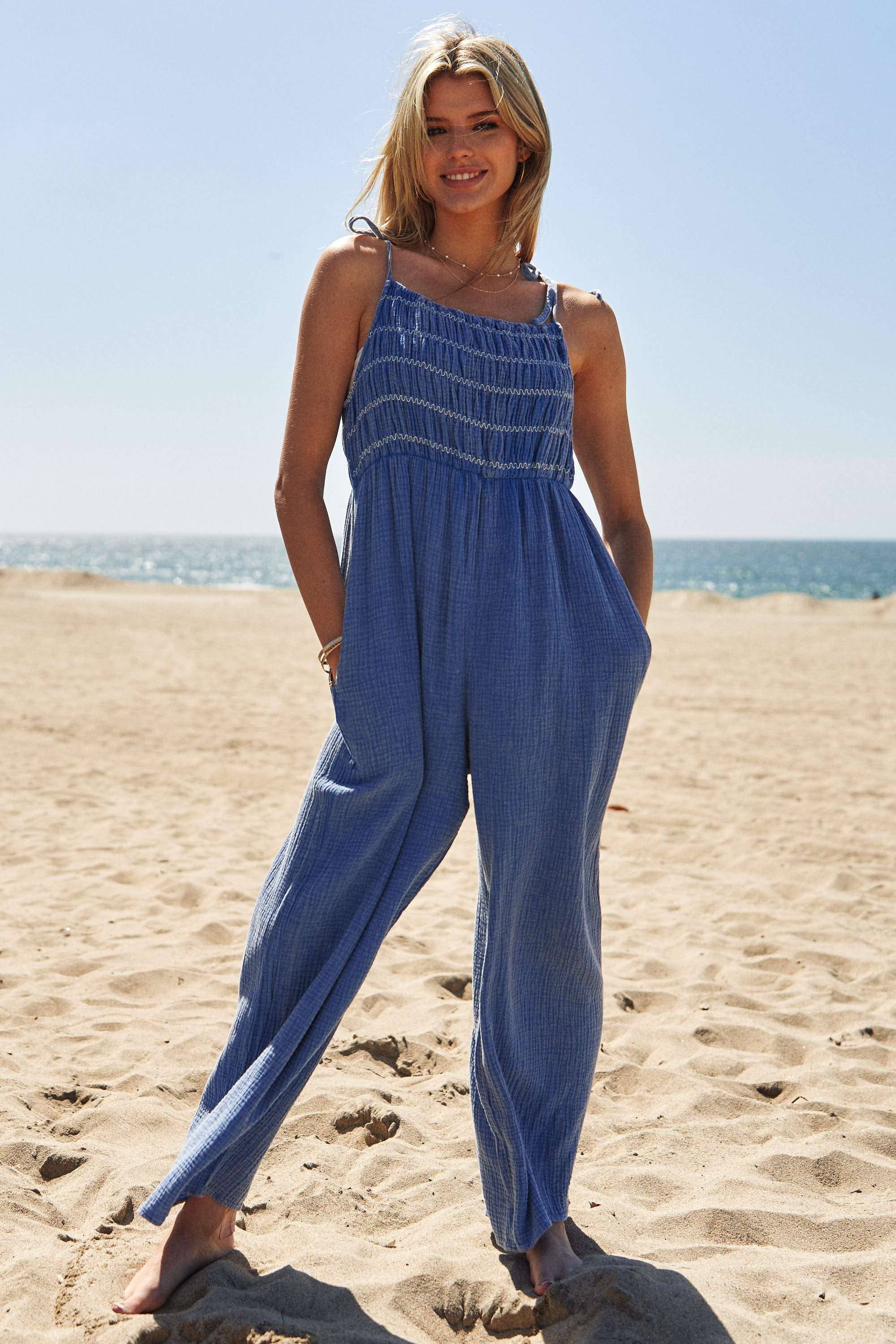 GARMENT WASHED MULTI SMOCKED TIE STRAPS JUMPSUIT