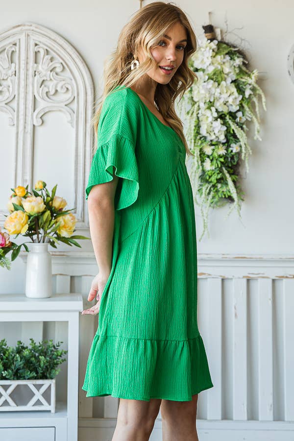 Flowy Crinkle V-Neck Short Sleeve Ruffle Hem Dress D5146