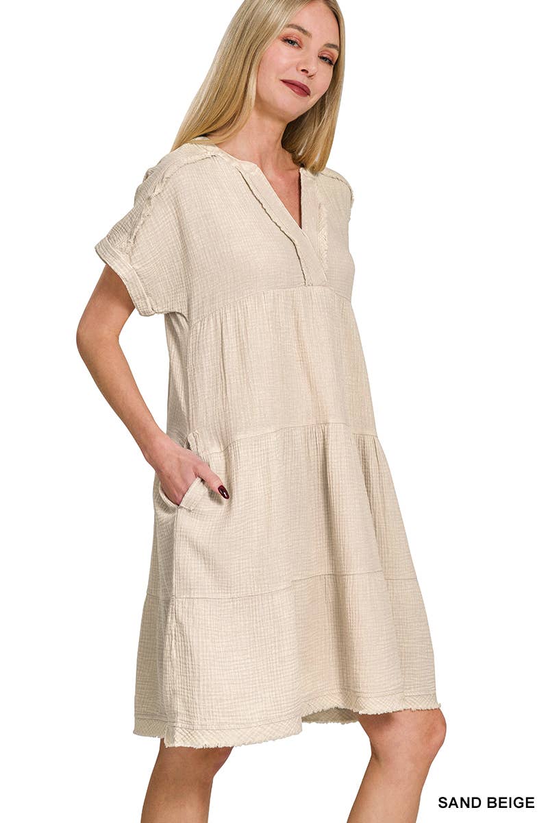 ..1217 Washed Double Gauze Raw Edge V Neck Dress w/ Pockets SI-2745