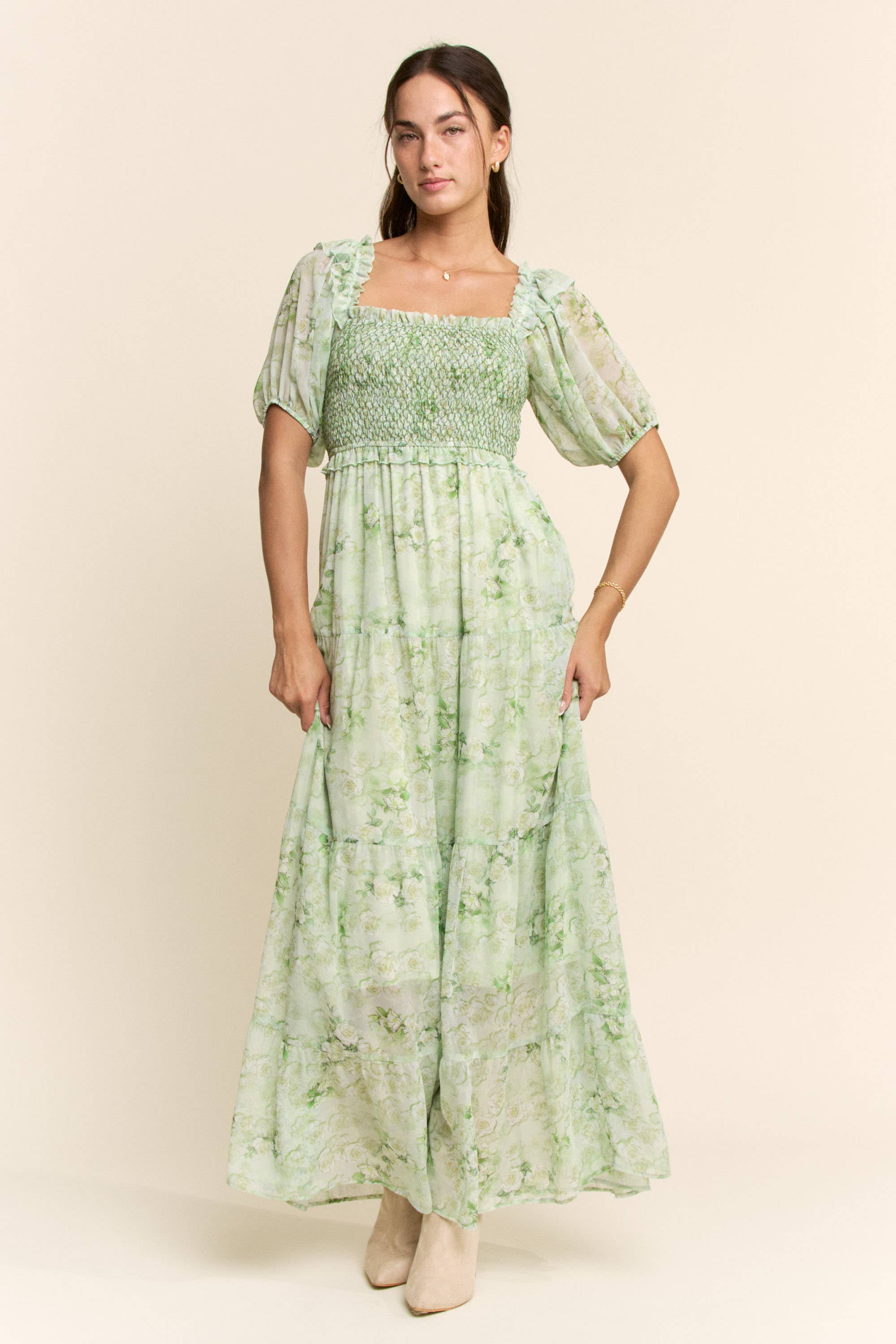 SMOCKED SQUARE NECK TIERED FLORAL MAXI DRESS