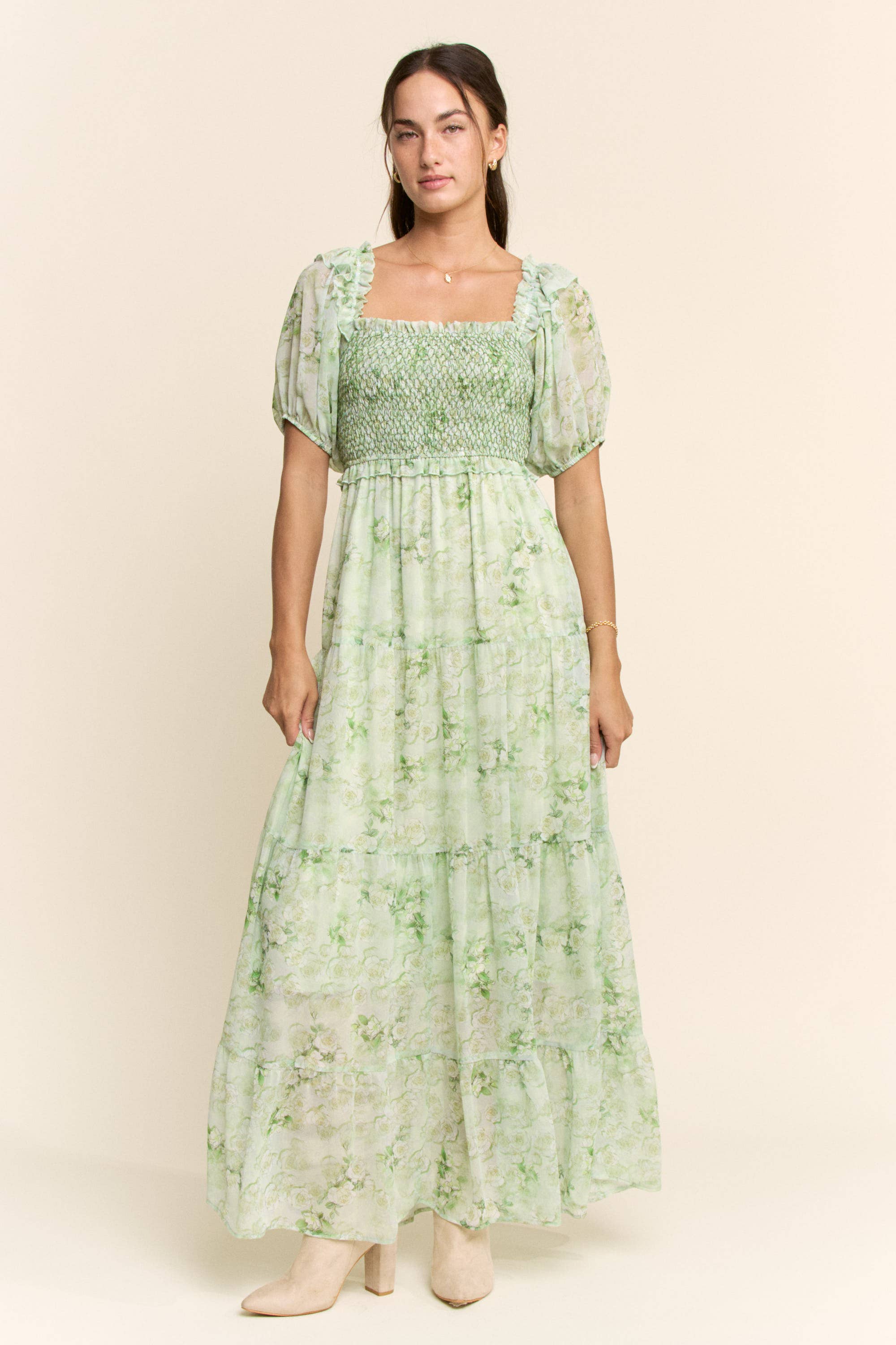 SMOCKED SQUARE NECK TIERED FLORAL MAXI DRESS