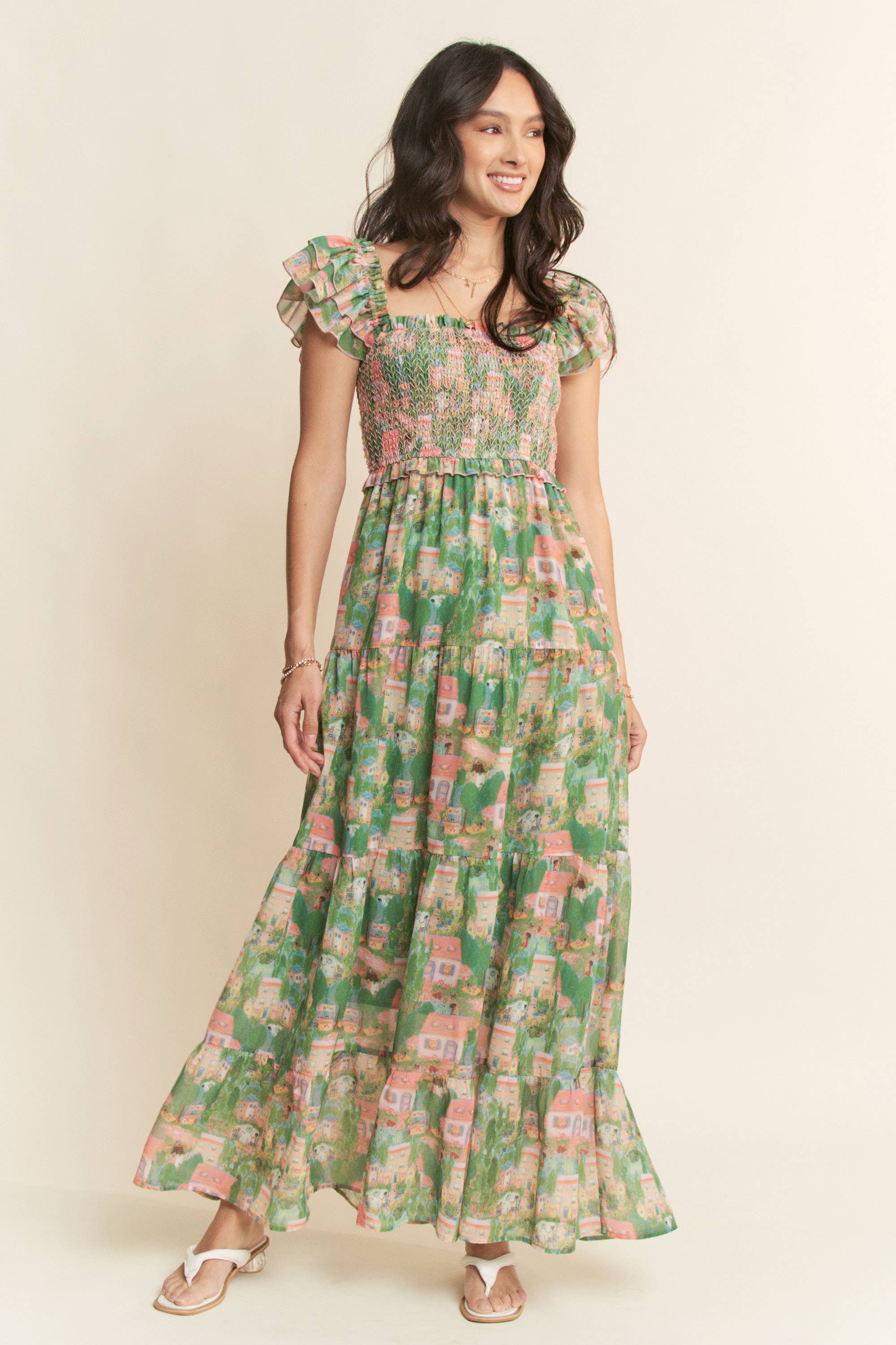 VILLAGE SMOCKING BODICE RUFFLE SLEEVE MAXI DRESS