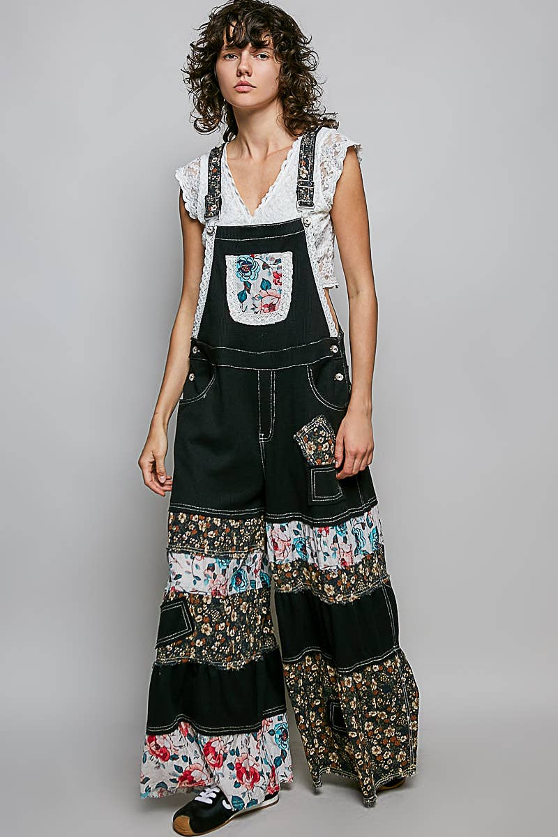 Feminine Mixed Printed Fabric Ruffle Wide Leg Overall