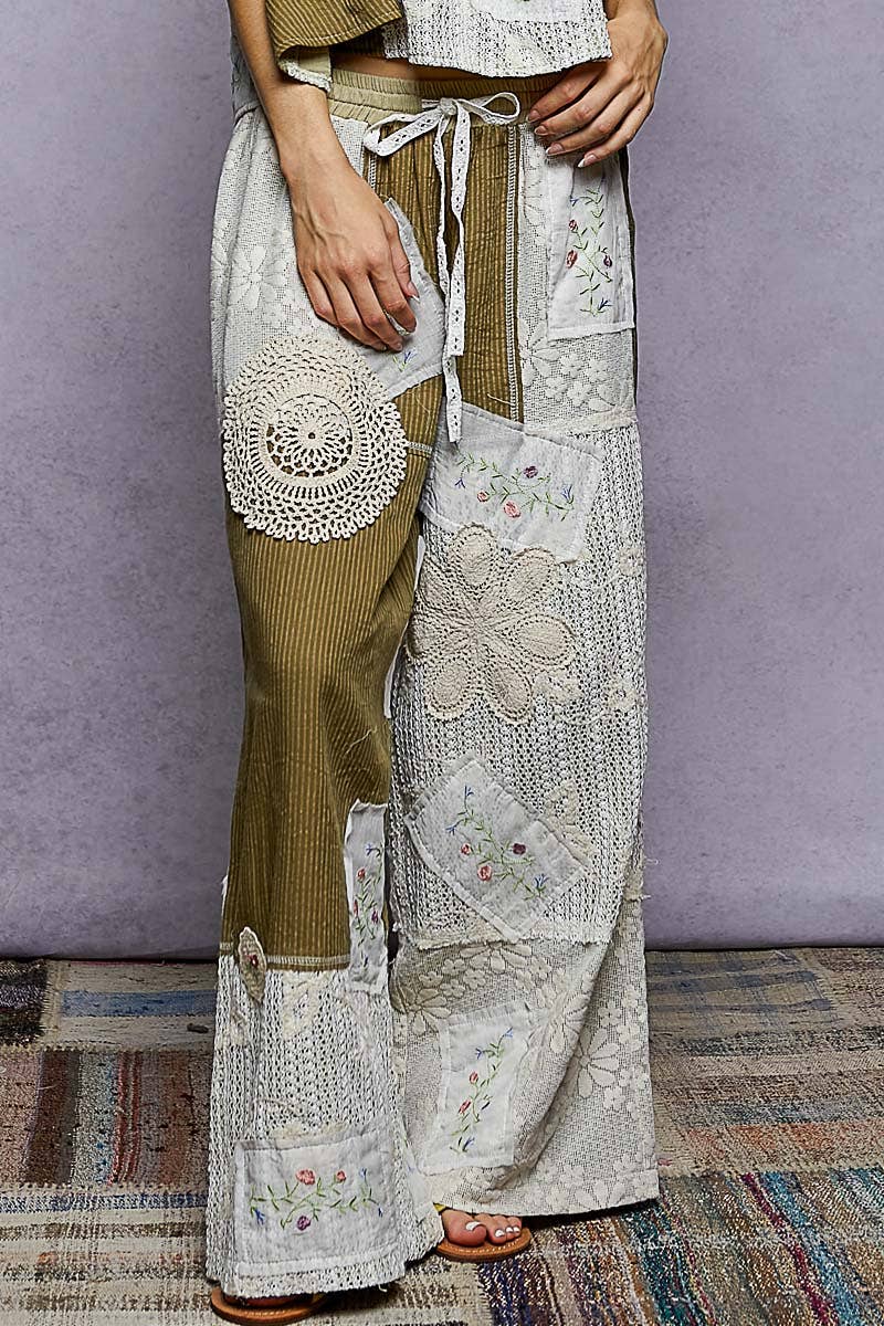 Solid Lace Patch Detail Woven Pants