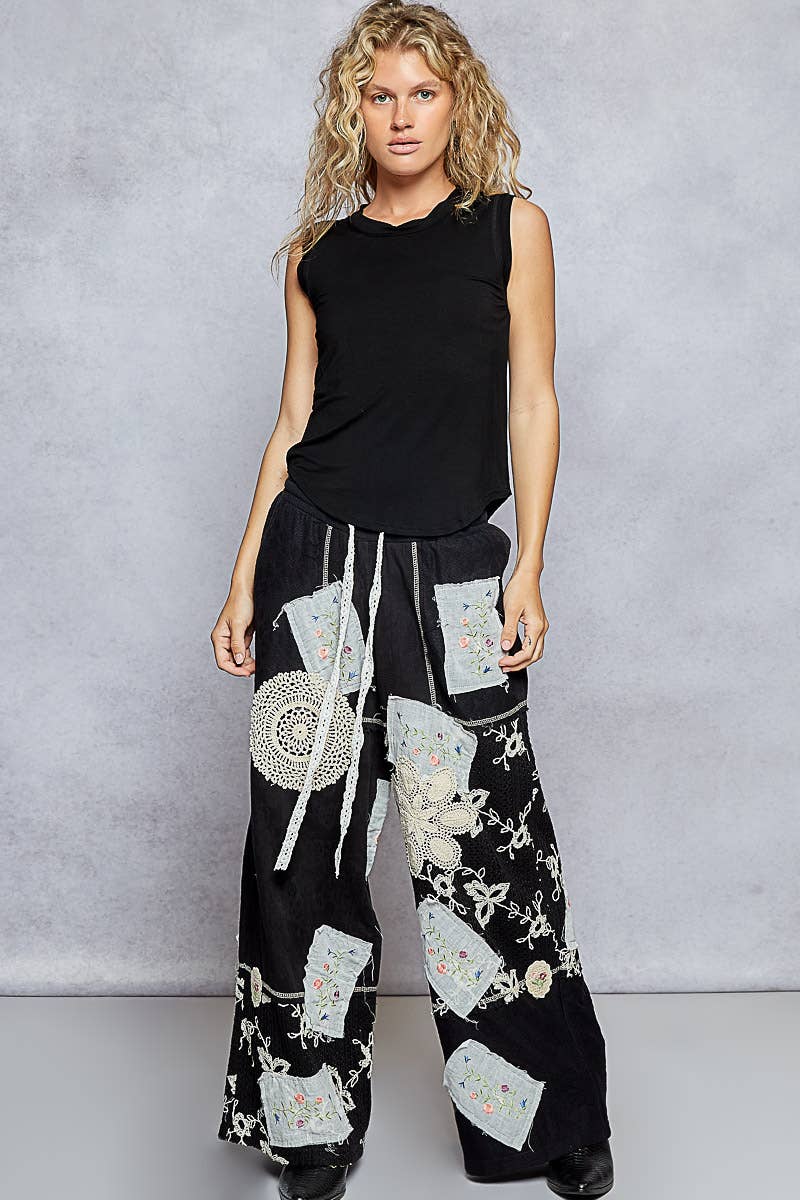 Solid Lace Patch Detail Woven Pants