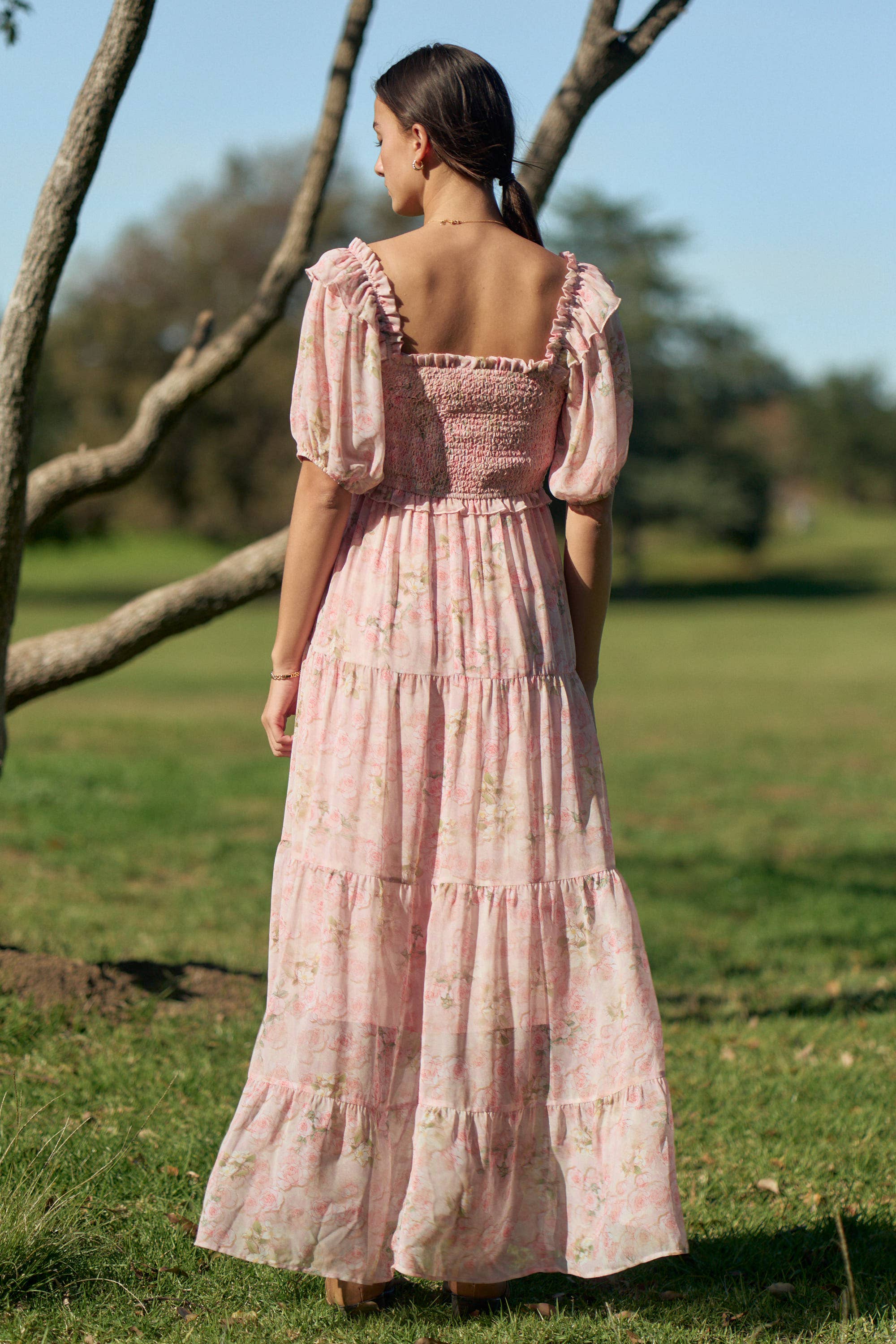 SMOCKED SQUARE NECK TIERED FLORAL MAXI DRESS