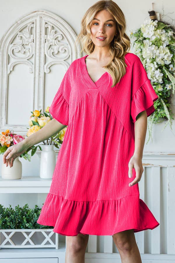 Flowy Crinkle V-Neck Short Sleeve Ruffle Hem Dress D5146