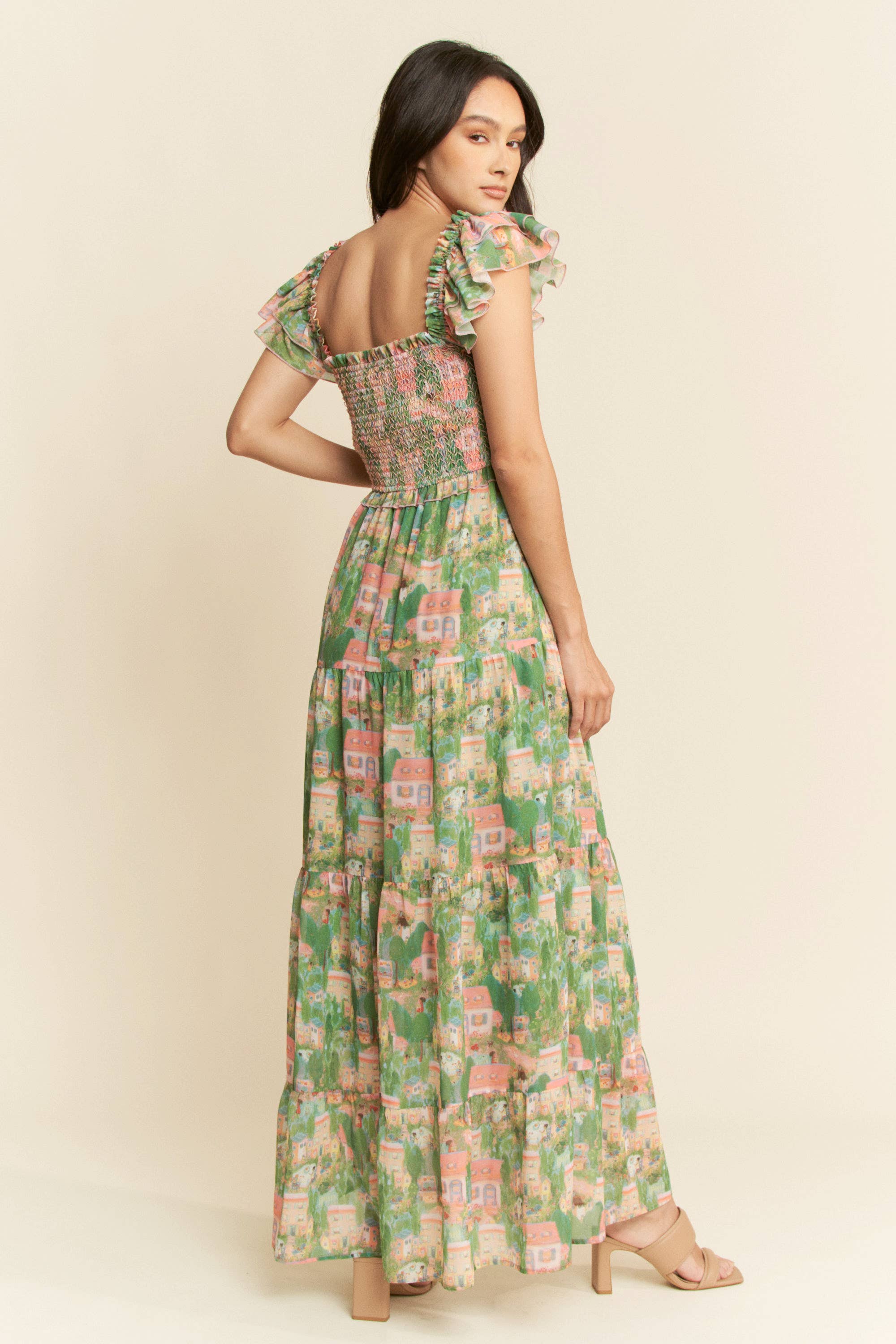VILLAGE SMOCKING BODICE RUFFLE SLEEVE MAXI DRESS