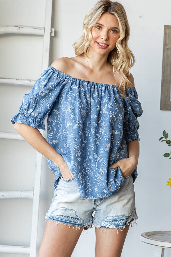 Floral Off Shoulder Puff Ruffle Sleeve Blouse T5895
