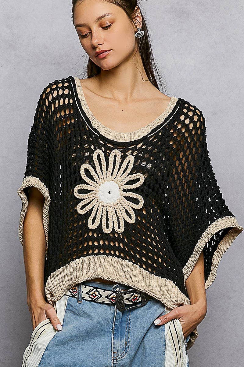 Round Neck Sleeveless Floral Thin Sweater Top
