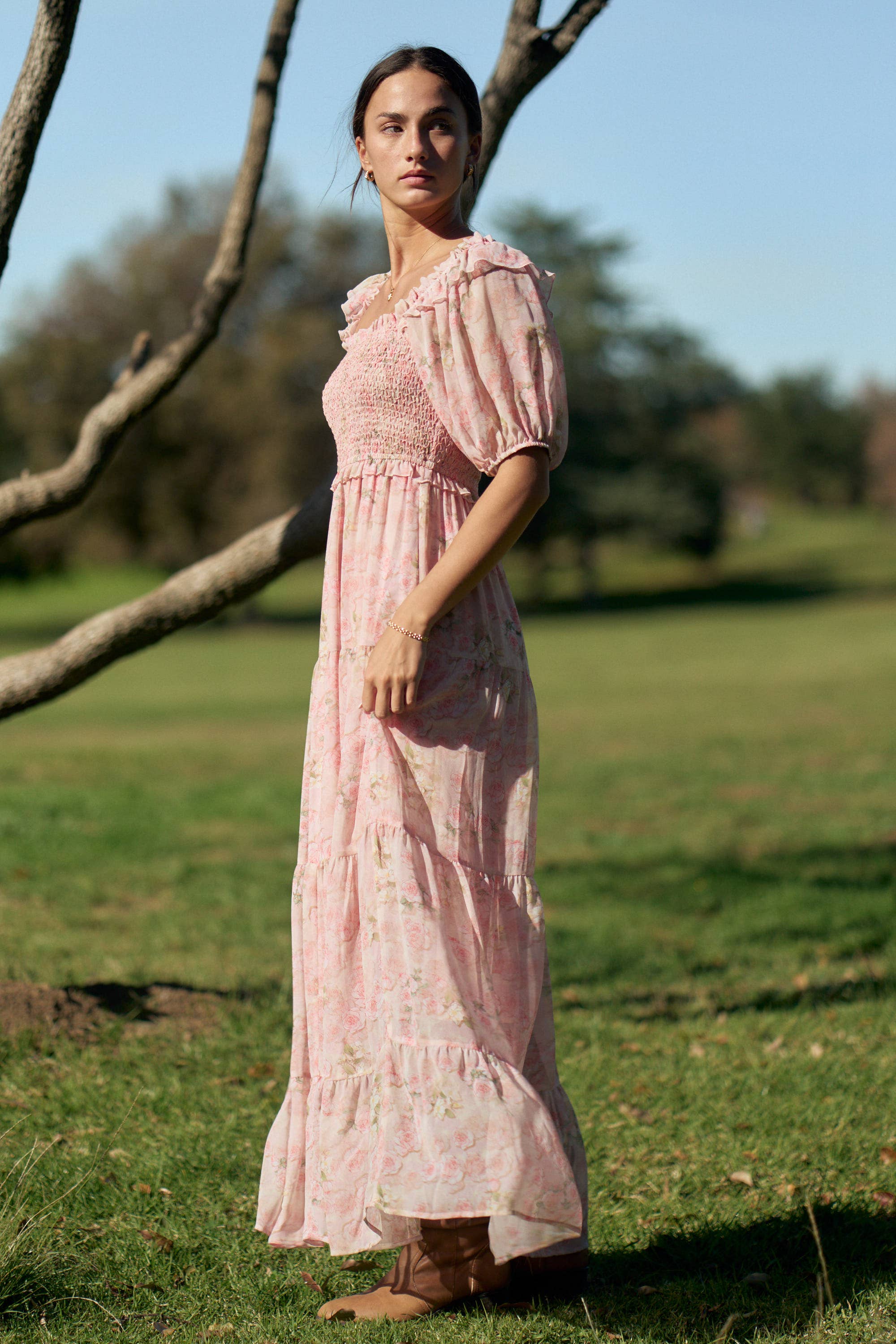 SMOCKED SQUARE NECK TIERED FLORAL MAXI DRESS